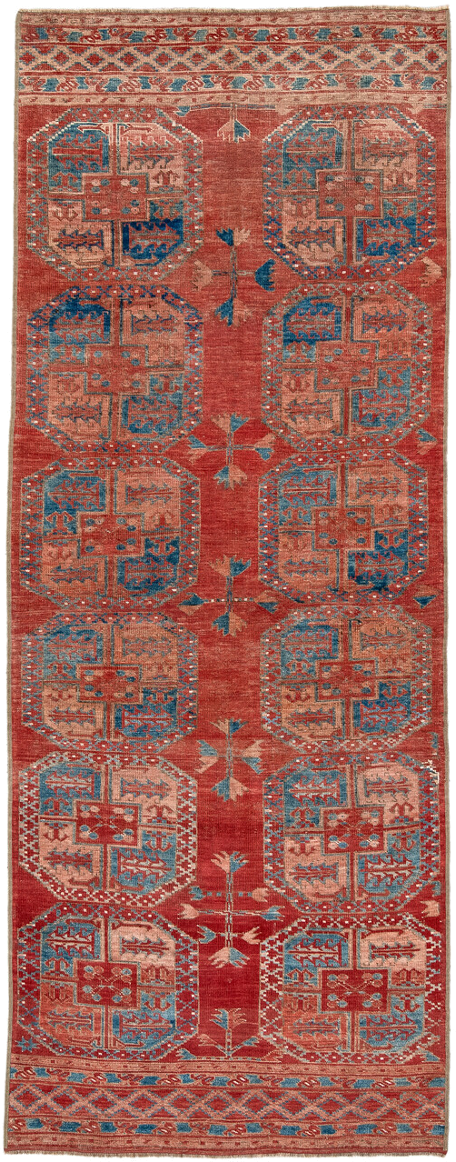 3' x 9' one-of-a-kind handmade antique Afghan runner rug. Color palette: rust, terra cotta, ivory, teal, sky blue, rose