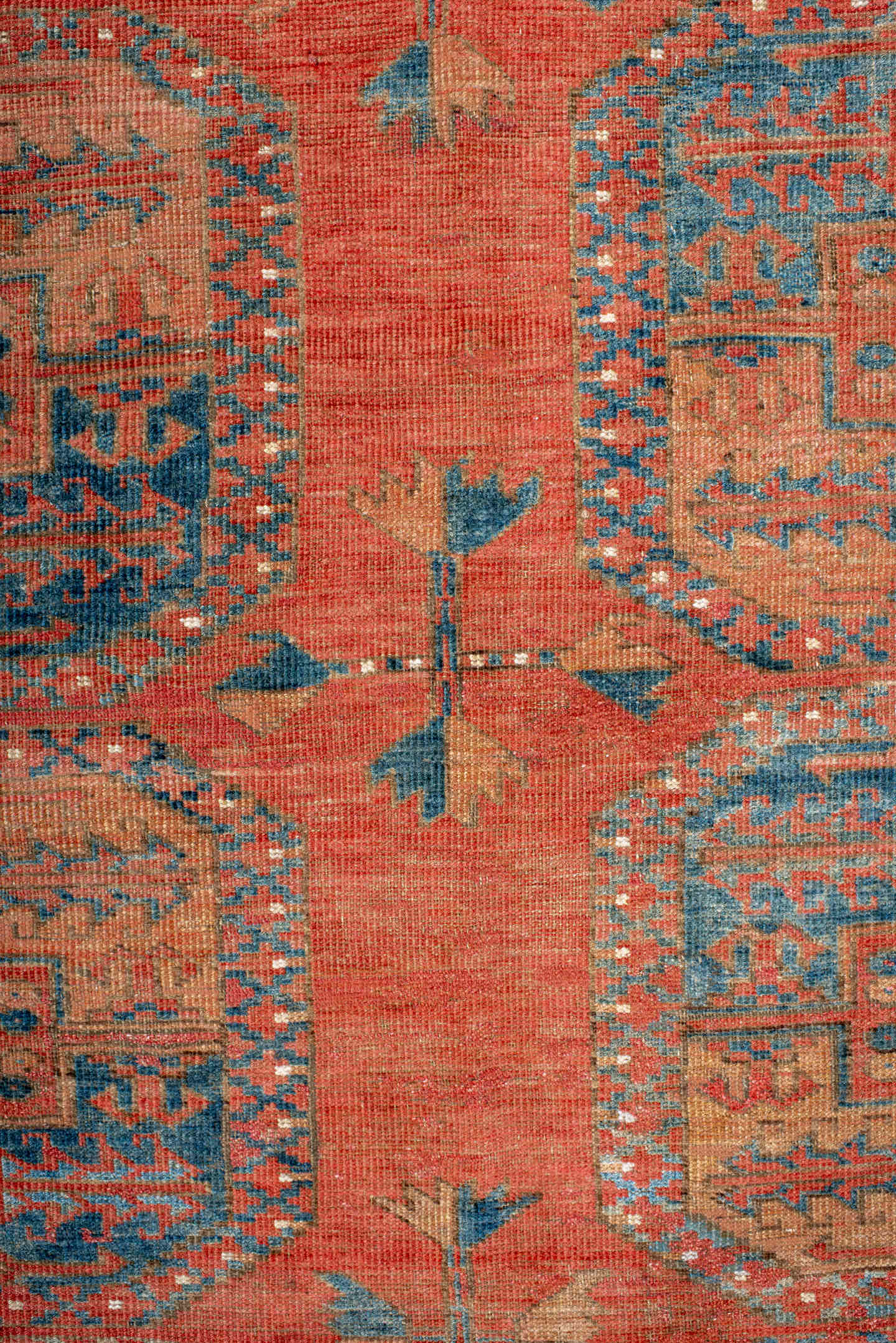 3' x 9' one-of-a-kind handmade antique Afghan runner rug. Color palette: rust, terra cotta, ivory, teal, sky blue, rose