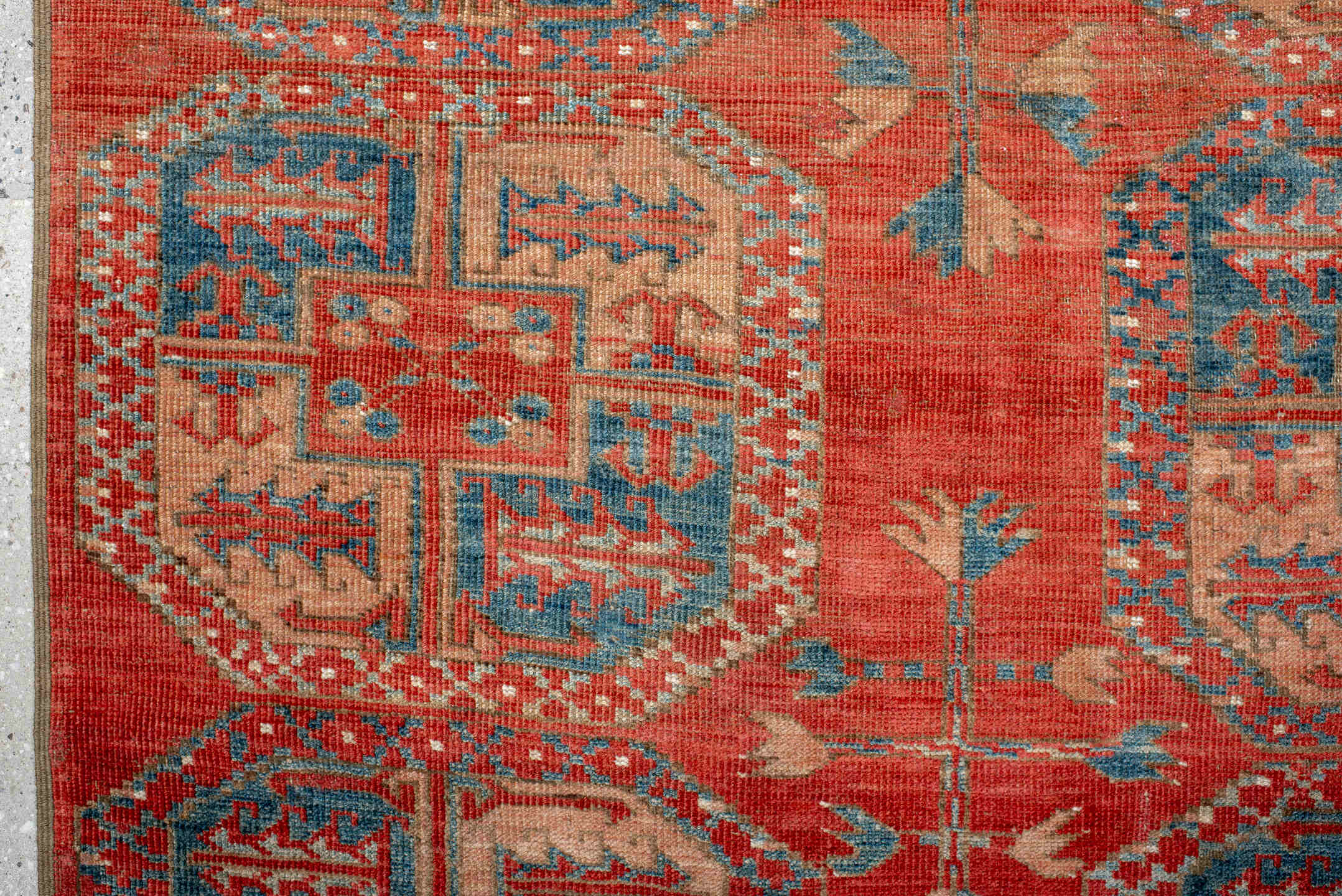 3' x 9' one-of-a-kind handmade antique Afghan runner rug. Color palette: rust, terra cotta, ivory, teal, sky blue, rose