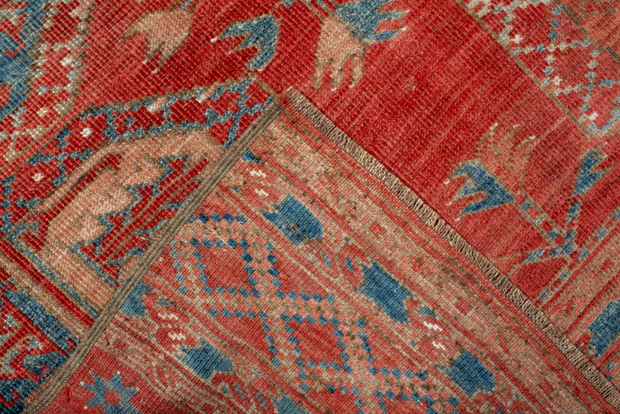 3' x 9' one-of-a-kind handmade antique Afghan runner rug. Color palette: rust, terra cotta, ivory, teal, sky blue, rose