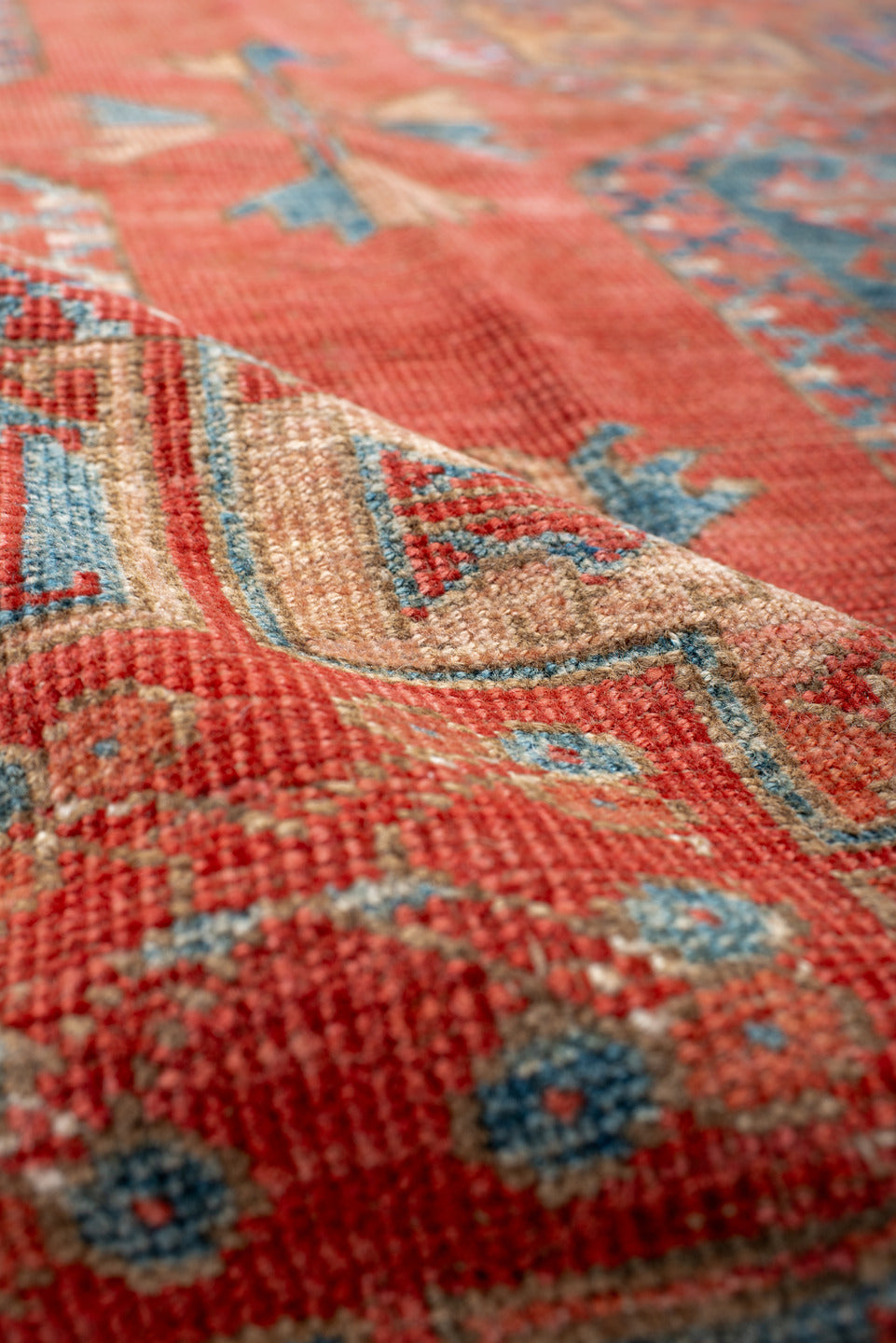 3' x 9' one-of-a-kind handmade antique Afghan runner rug. Color palette: rust, terra cotta, ivory, teal, sky blue, rose
