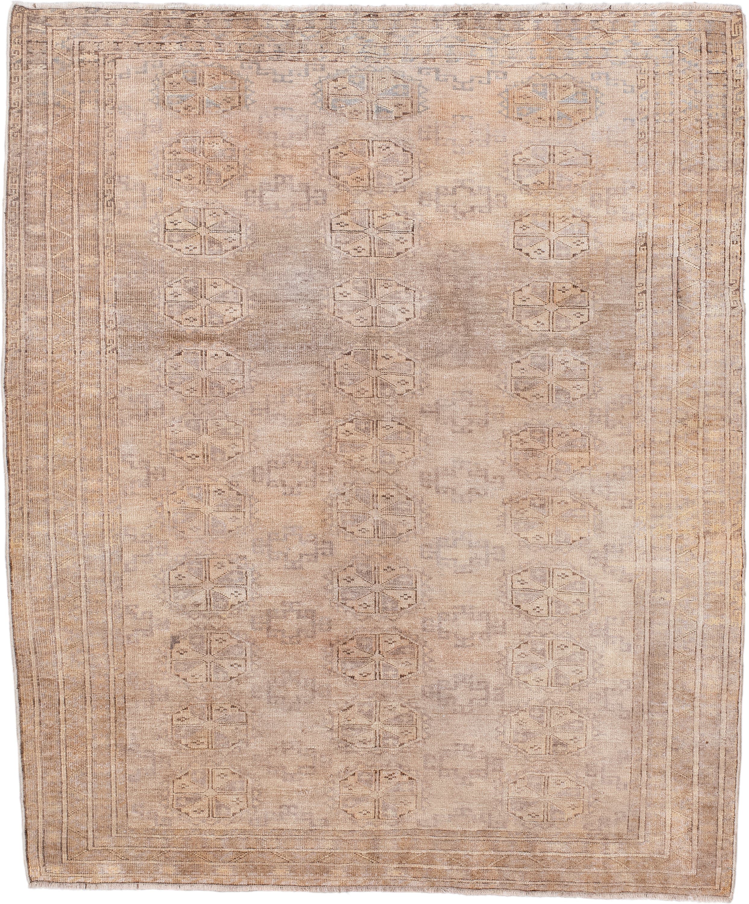 5' x 6' one-of-a-kind handmade antique Bokara rug. Color palette: camel, taupe, beige, ivory, sand, light brown, gray, brown