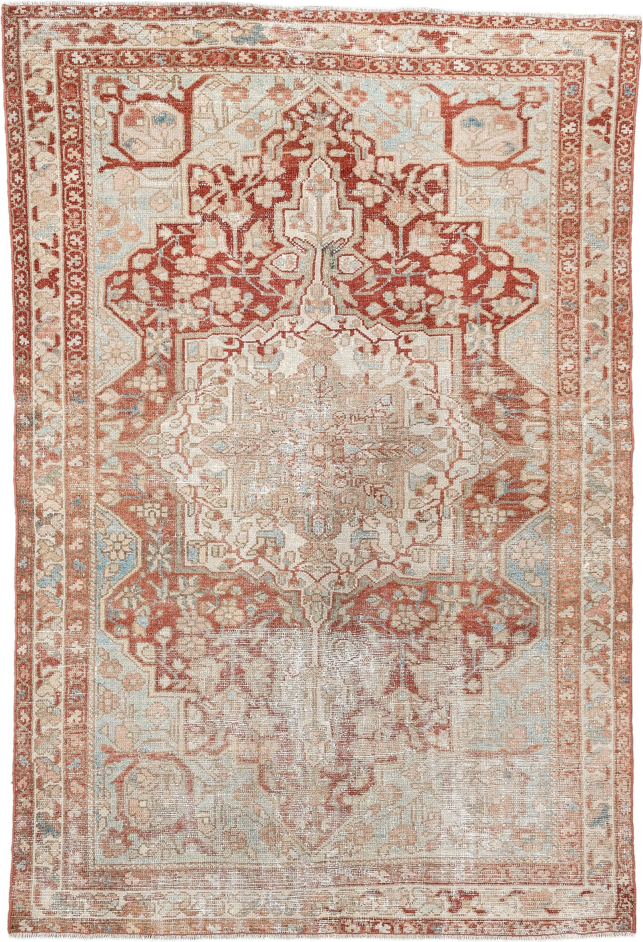 4' x 6' one-of-a-kind handmade antique Baktiary rug. Color palette: ivory, terracotta, pale blue, beige, taupe, camel, brown