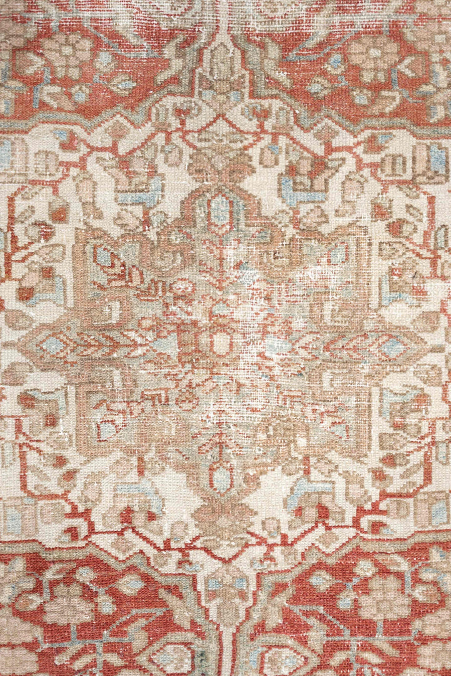 4' x 6' one-of-a-kind handmade antique Baktiary rug. Color palette: ivory, terracotta, pale blue, beige, taupe, camel, brown