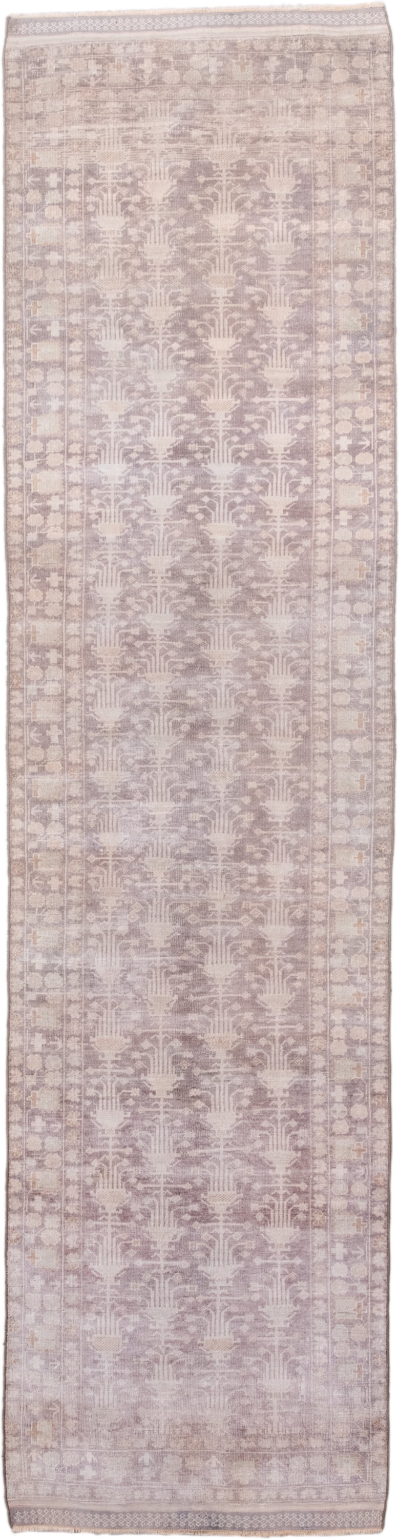 2' x 9' one-of-a-kind handmade antique Belouch runner rug. Color palette: taupe, ivory, dusty rose, beige, camel
