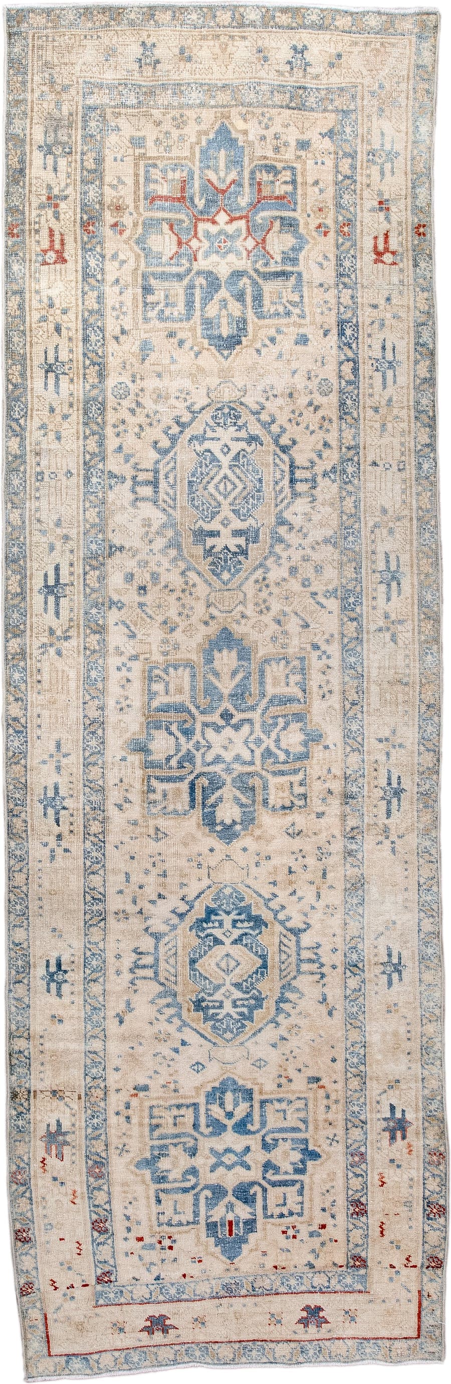3' x 9' one-of-a-kind handmade antique Heriz runner rug. Color palette: ivory, sky blue, beige, rust, slate, camel