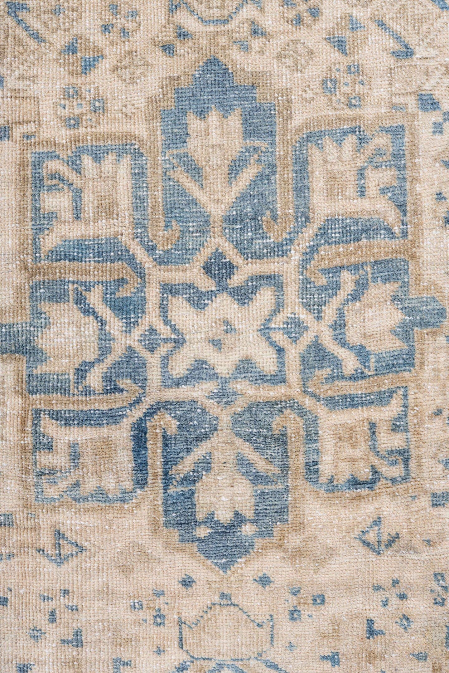 3' x 9' one-of-a-kind handmade antique Heriz runner rug. Color palette: ivory, sky blue, beige, rust, slate, camel