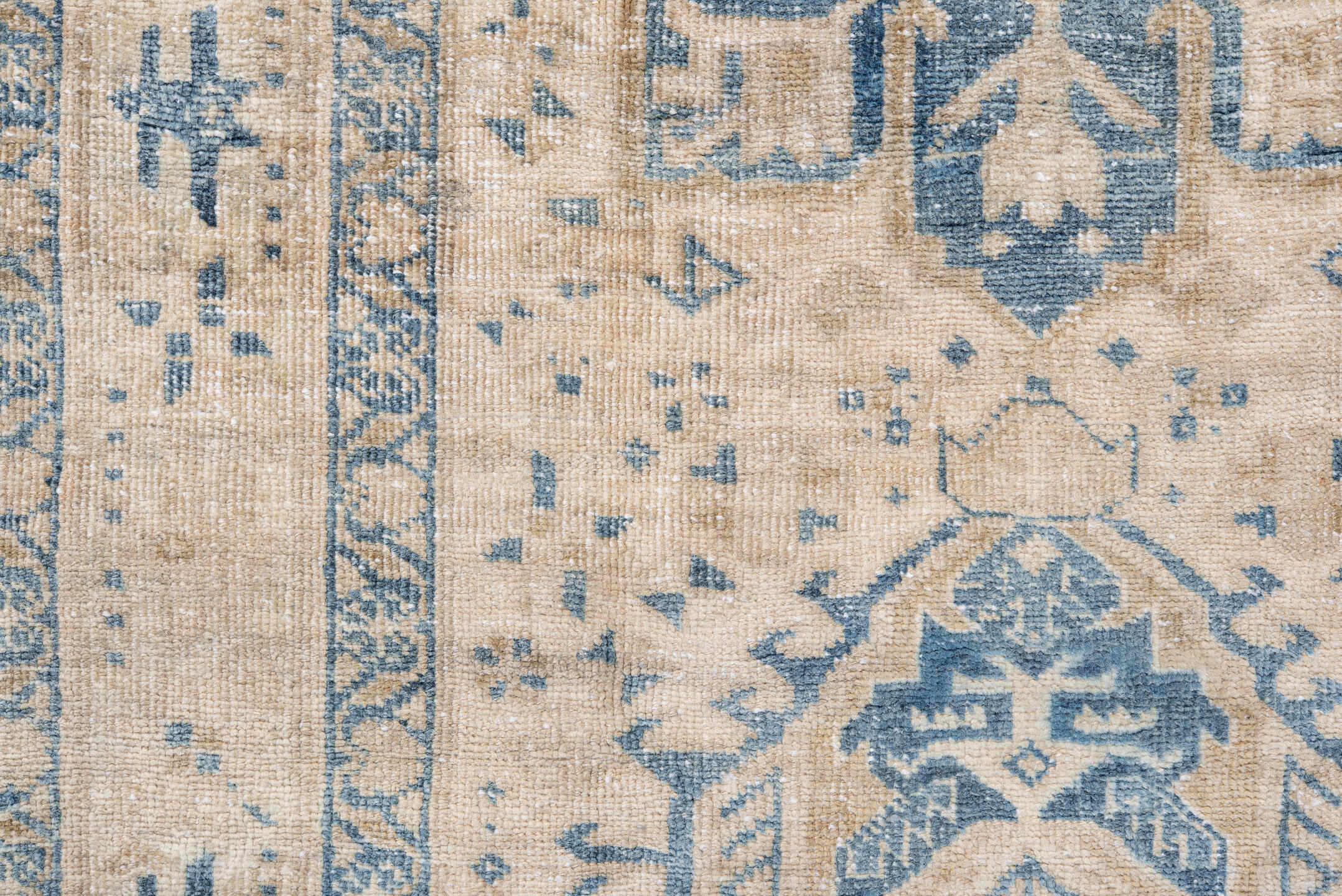 3' x 9' one-of-a-kind handmade antique Heriz runner rug. Color palette: ivory, sky blue, beige, rust, slate, camel
