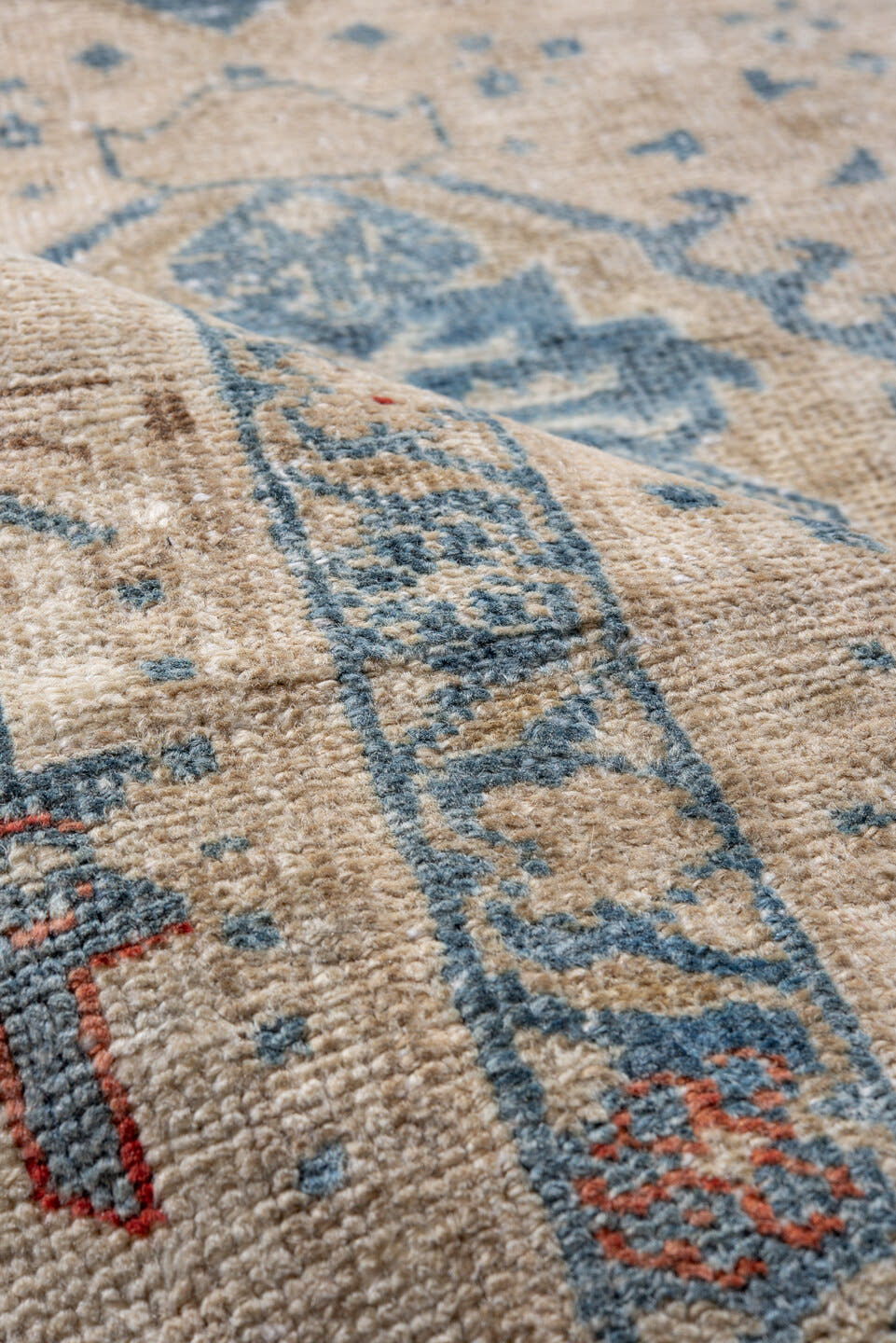 3' x 9' one-of-a-kind handmade antique Heriz runner rug. Color palette: ivory, sky blue, beige, rust, slate, camel