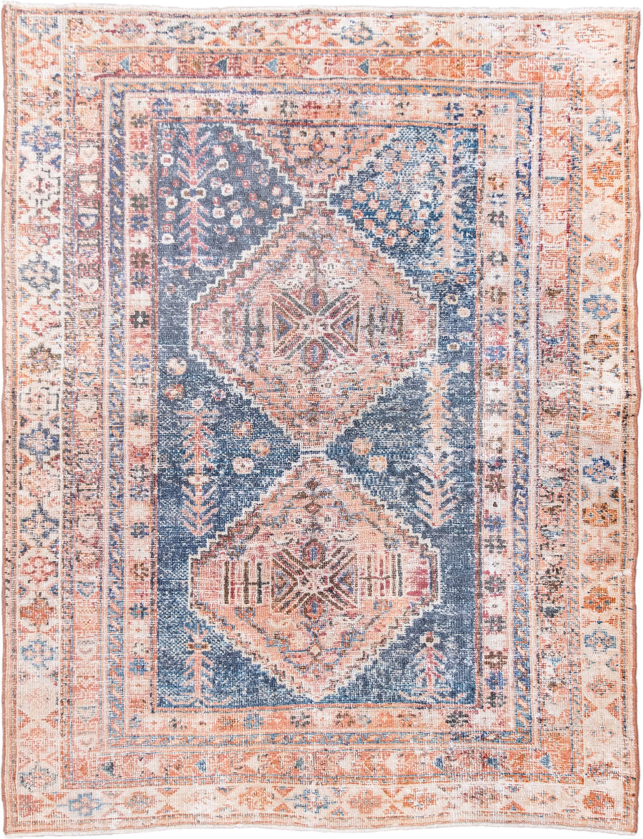 4' x 5' one-of-a-kind handmade antique Afshar small size rug. Color palette: ivory, blue, rust, coral, slate, peach