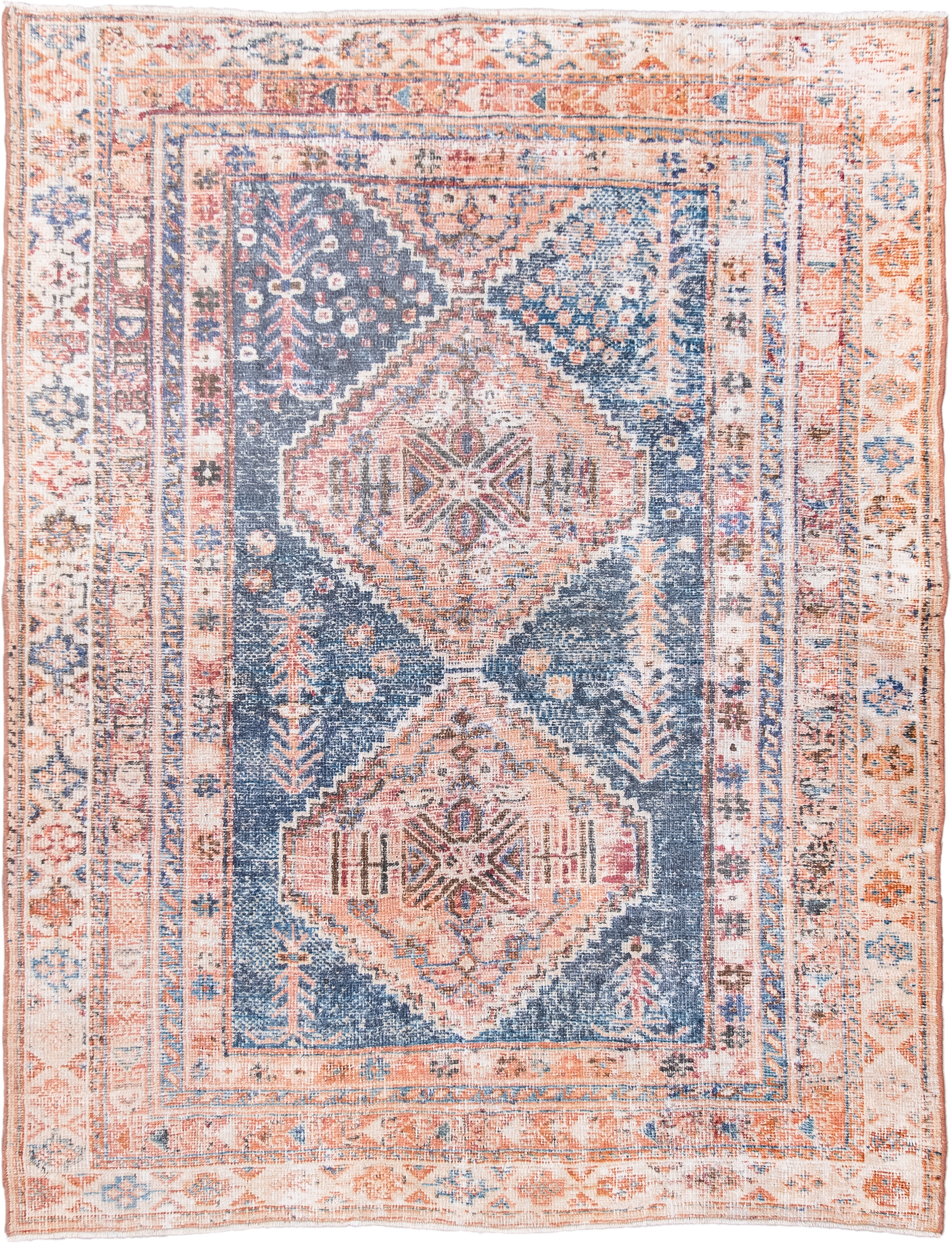 4' x 5' one-of-a-kind handmade antique Afshar small size rug. Color palette: ivory, blue, rust, coral, slate, peach