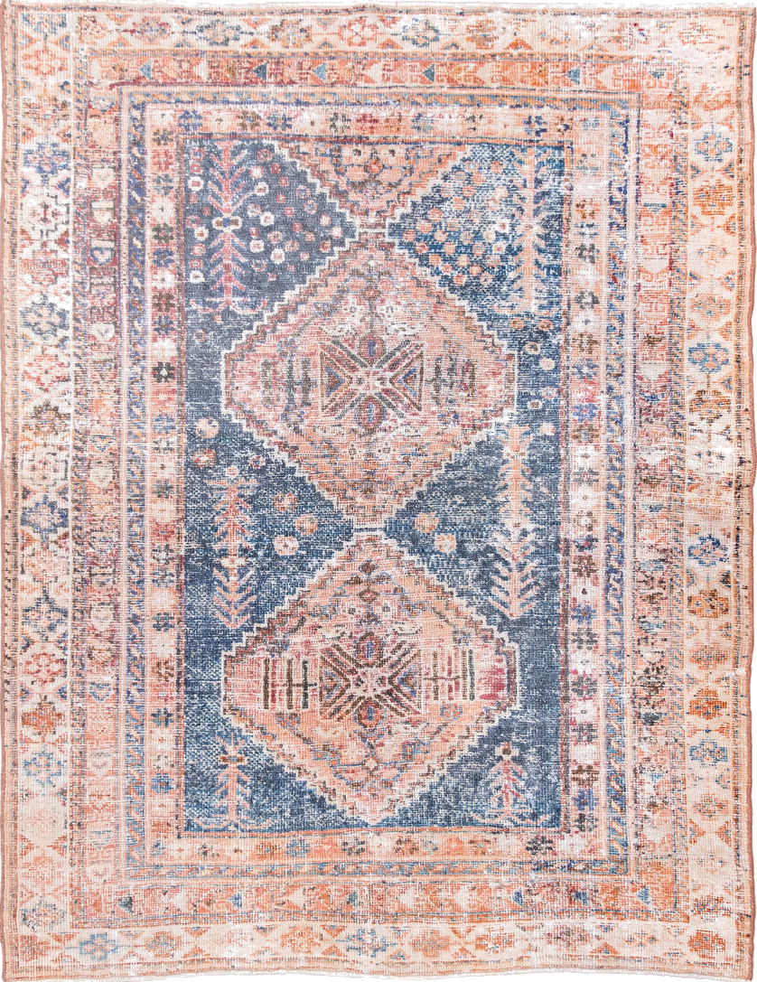 4' x 5' one-of-a-kind handmade vintage Afshar small size rug. Color palette: antiquewhite, blue, brown, dark salmon