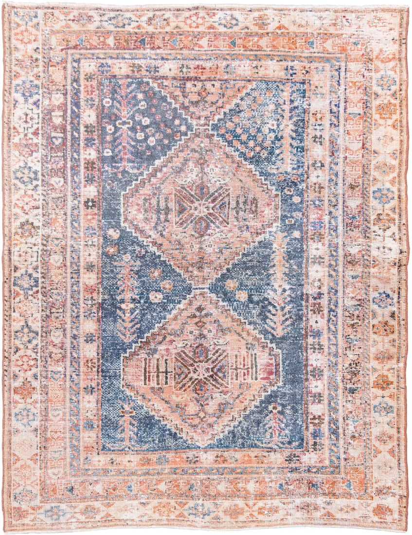 4' x 5' one-of-a-kind handmade antique Afshar small size rug. Color palette: ivory, blue, rust, coral, slate, peach