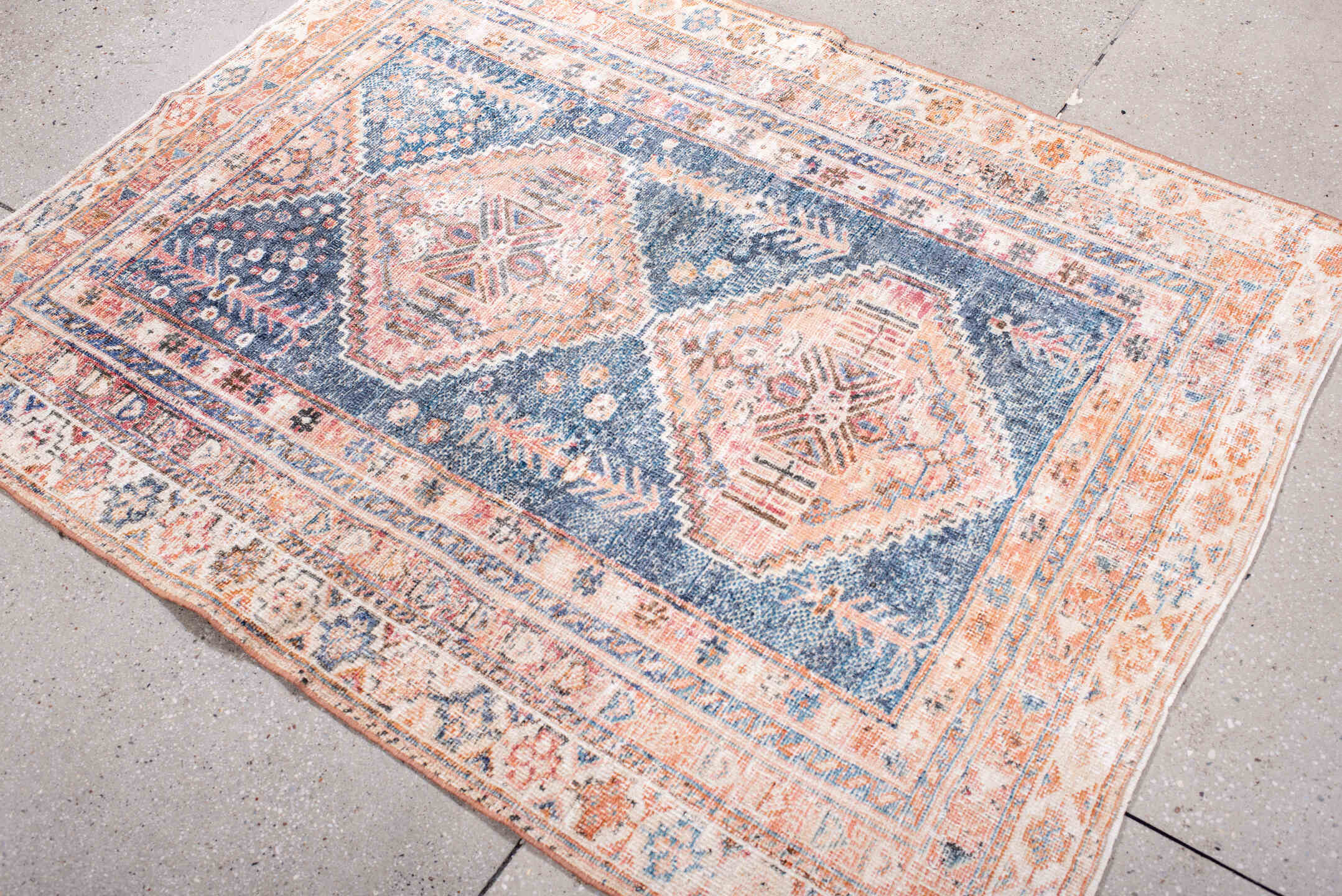 4' x 5' one-of-a-kind handmade vintage Afshar small size rug. Color palette: antiquewhite, blue, brown, dark salmon