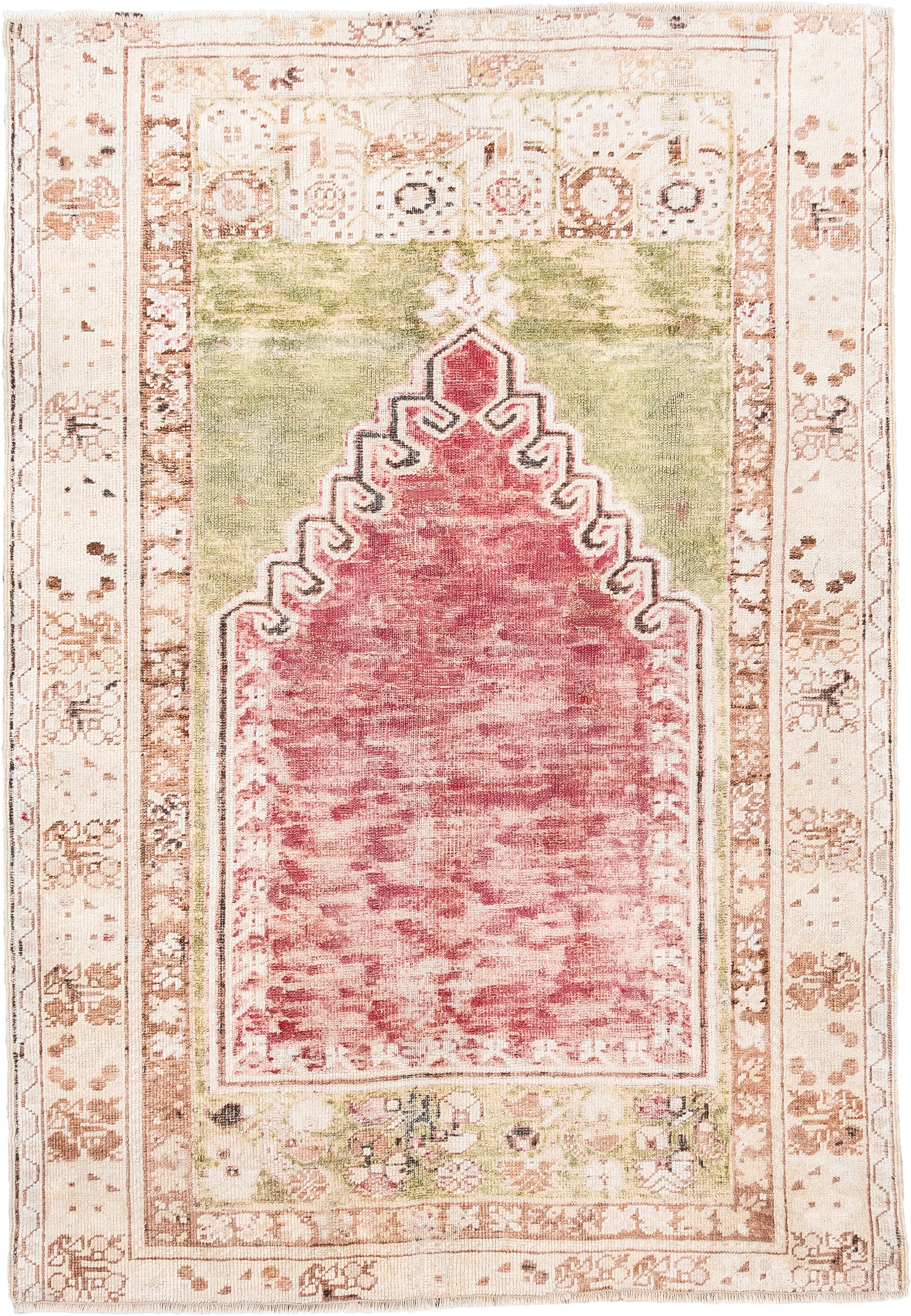 3' x 4' one-of-a-kind handmade antique Anatolian small size rug. Color palette: ivory, rose, sage, taupe, blush, brown, pink
