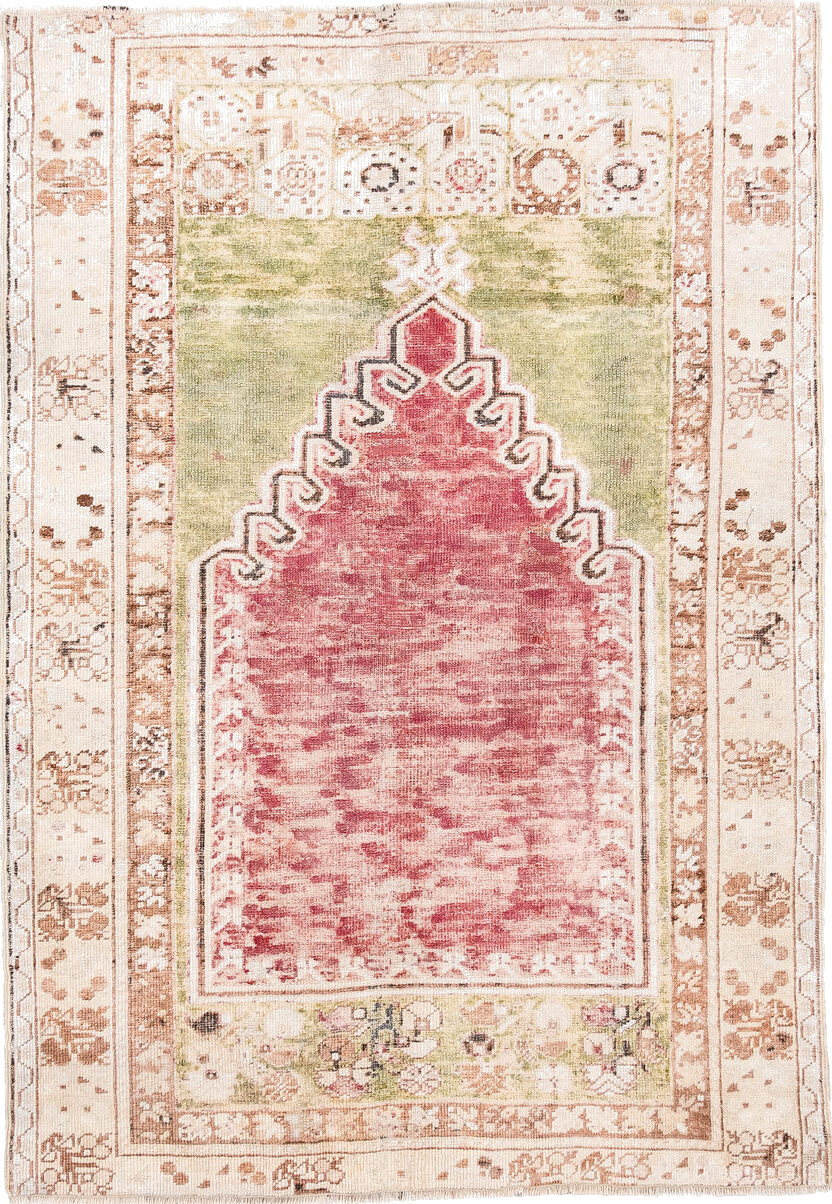 3' x 4' one-of-a-kind handmade vintage Anatolian small size rug. Color palette: brown, gray, linen, misty rose, off-white