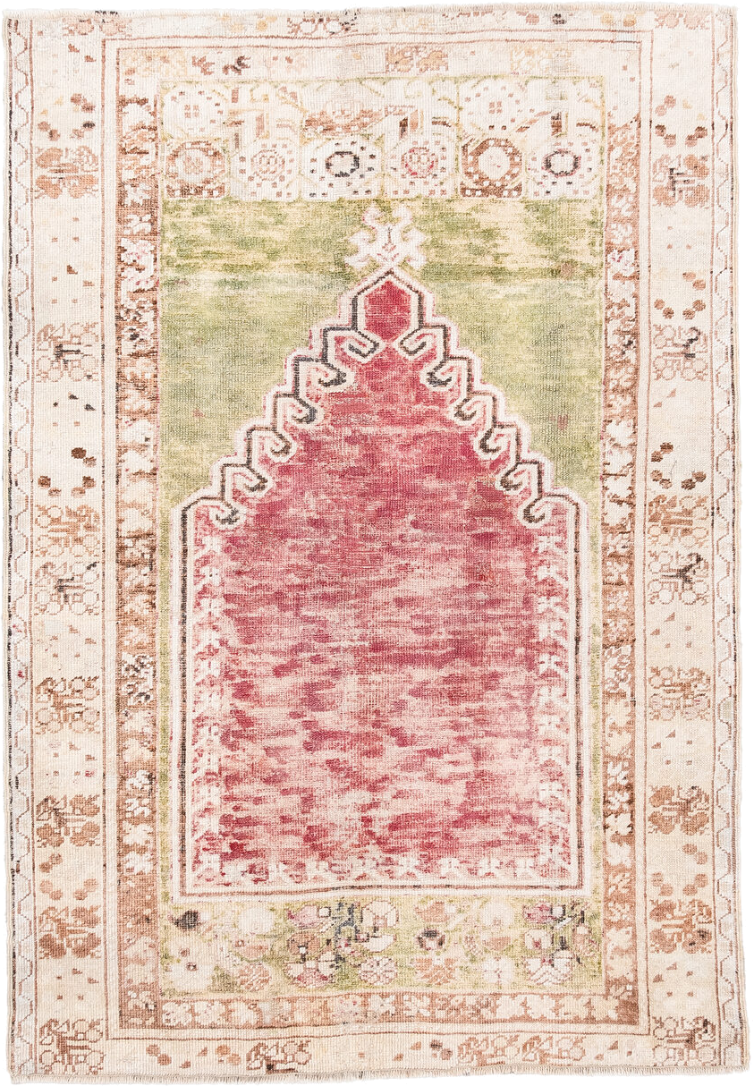 3' x 4' one-of-a-kind handmade antique Anatolian small size rug. Color palette: ivory, rose, sage, taupe, blush, brown, pink