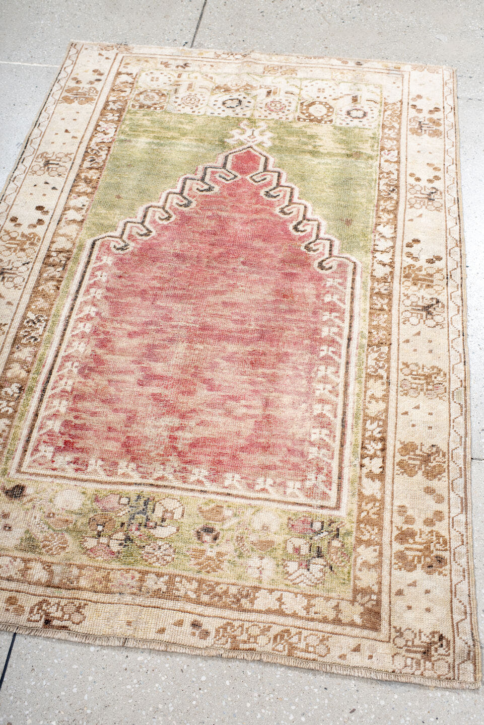 3' x 4' one-of-a-kind handmade antique Anatolian small size rug. Color palette: ivory, rose, sage, taupe, blush, brown, pink