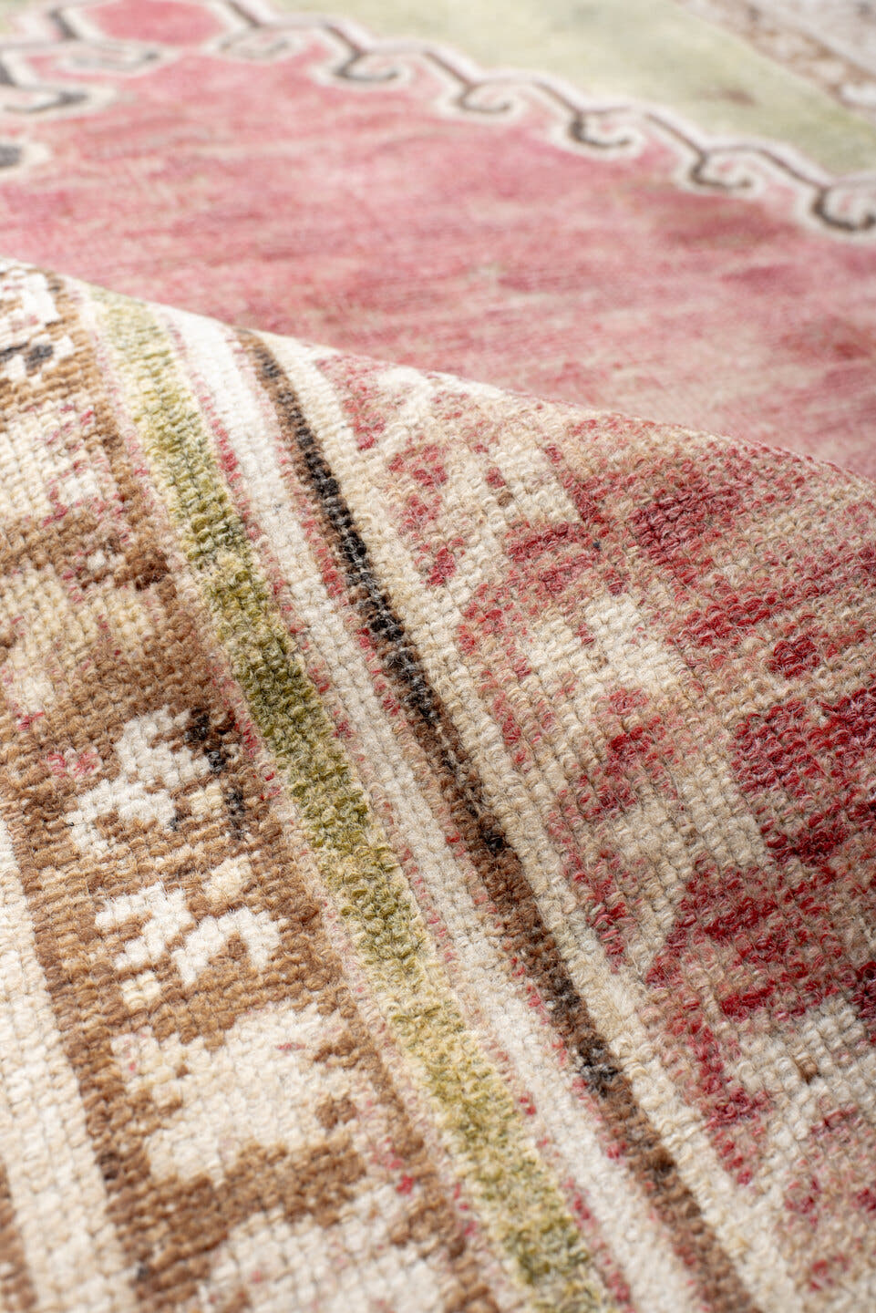 3' x 4' one-of-a-kind handmade antique Anatolian small size rug. Color palette: ivory, rose, sage, taupe, blush, brown, pink