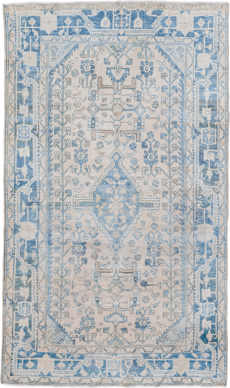 4' x 7' one-of-a-kind handmade vintage Hamadan rug. Color palette: ivory, sky blue, pale blue, cream, taupe, light blue