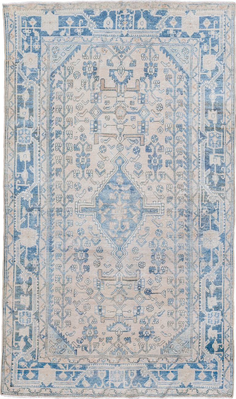 4' x 7' one-of-a-kind handmade vintage Hamadan rug. Color palette: ivory, sky blue, pale blue, cream, taupe, light blue