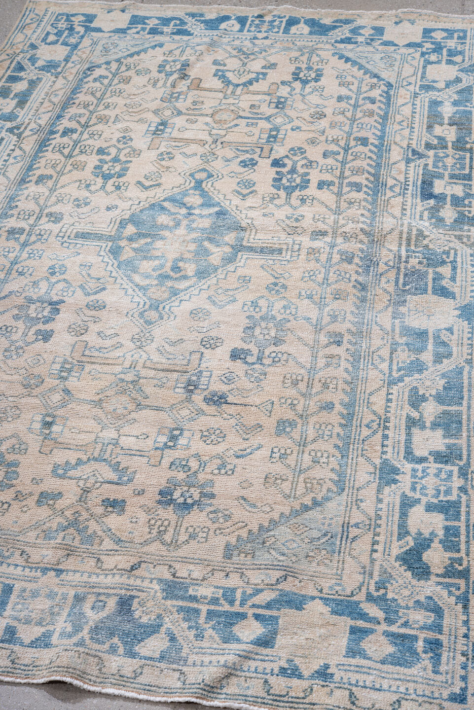 4' x 7' one-of-a-kind handmade vintage Hamadan rug. Color palette: ivory, sky blue, pale blue, cream, taupe, light blue