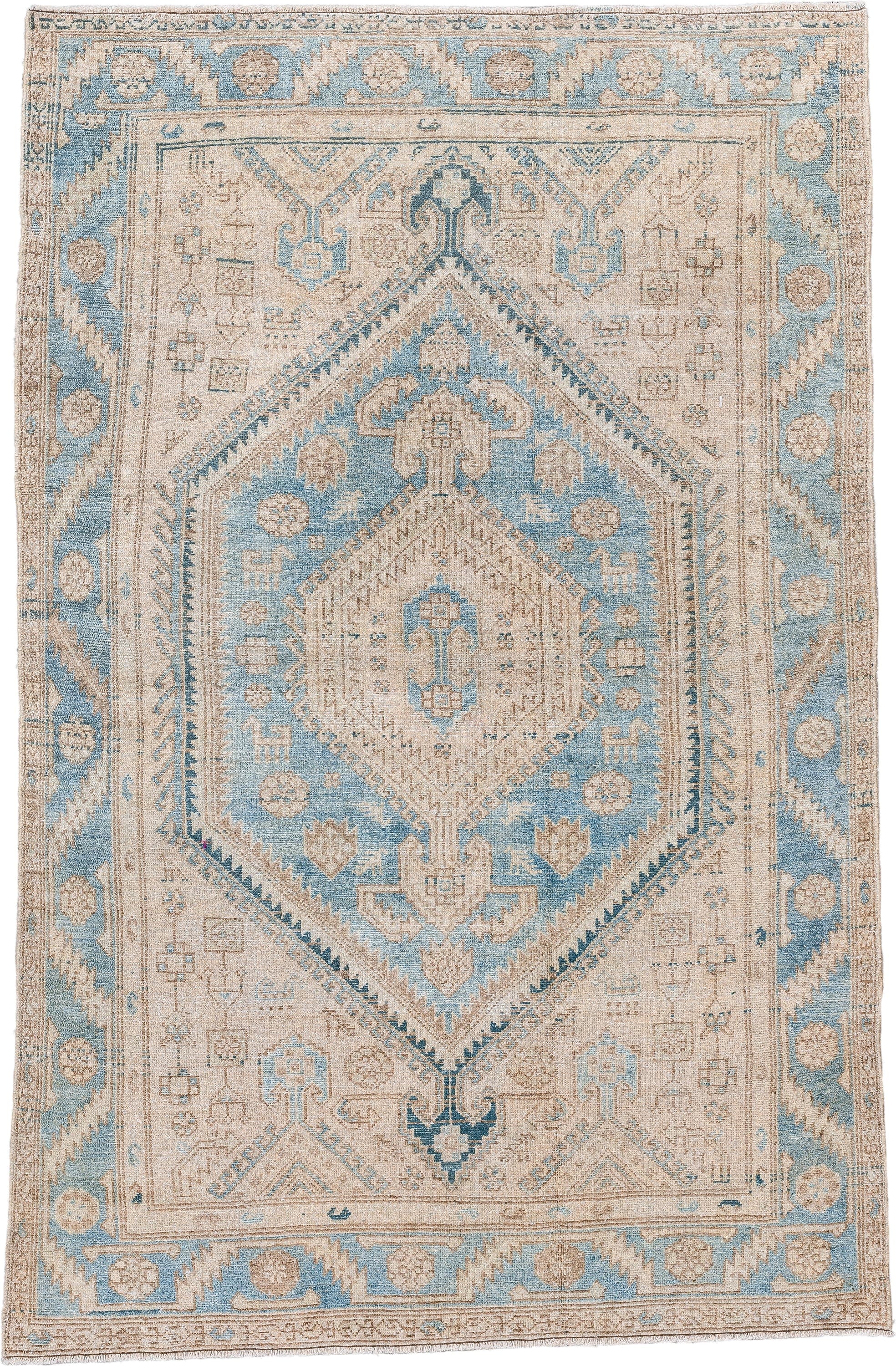 4' x 6' one-of-a-kind handmade vintage Hamadan small size rug. Color palette: ivory, sky blue, beige, taupe, slate, camel