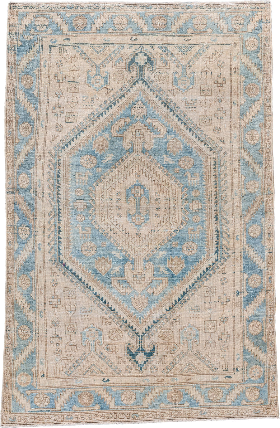4' x 6' one-of-a-kind handmade vintage Hamadan small size rug. Color palette: ivory, sky blue, beige, taupe, slate, camel