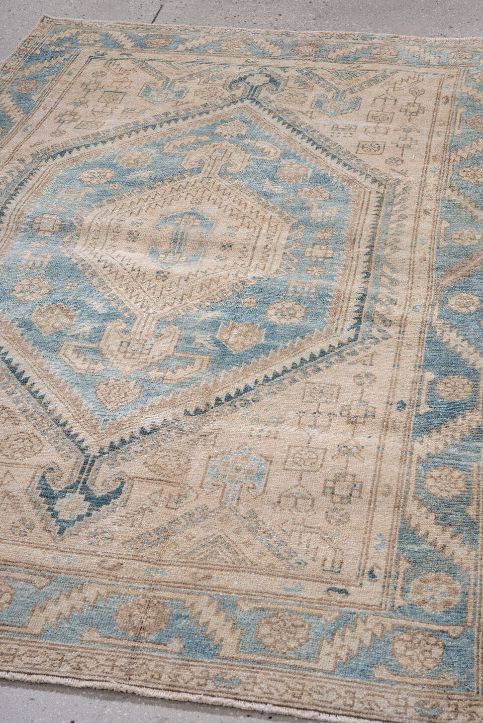 4' x 6' one-of-a-kind handmade vintage Hamadan small size rug. Color palette: ivory, sky blue, beige, taupe, slate, camel