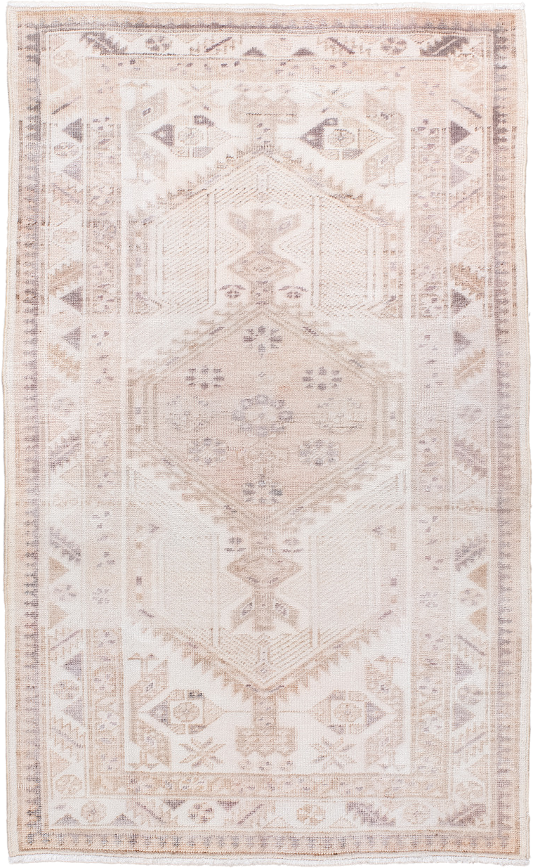 3' x 5' one-of-a-kind handmade antique Sarab small size rug. Color palette: ivory, cream, taupe, sand, camel, light brown