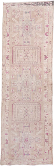 3' x 10' one-of-a-kind handmade antique runner rug. Color palette: ivory, blush, rose, taupe, lavender, pink, red, beige