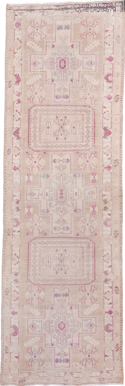 3' x 10' one-of-a-kind handmade vintage  runner rug. Color palette: gray, light gray, linen, off-white, pink, snow, white