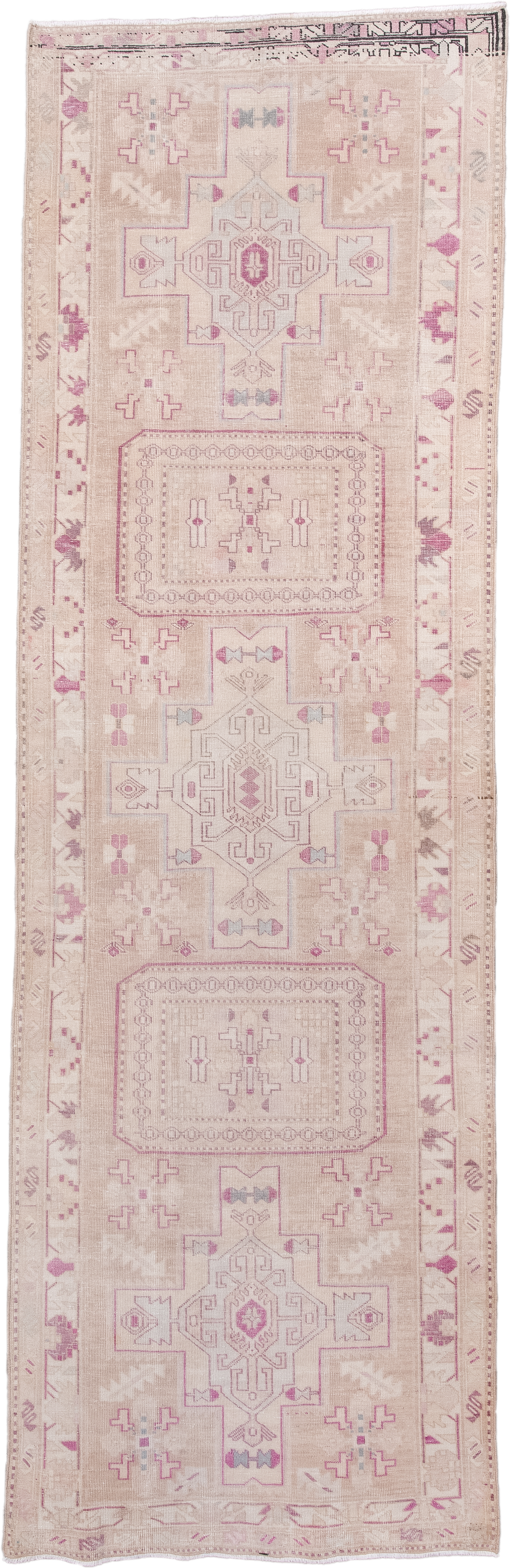 3' x 10' one-of-a-kind handmade antique  runner rug. Color palette: ivory, blush, rose, taupe, lavender, pink, red, beige
