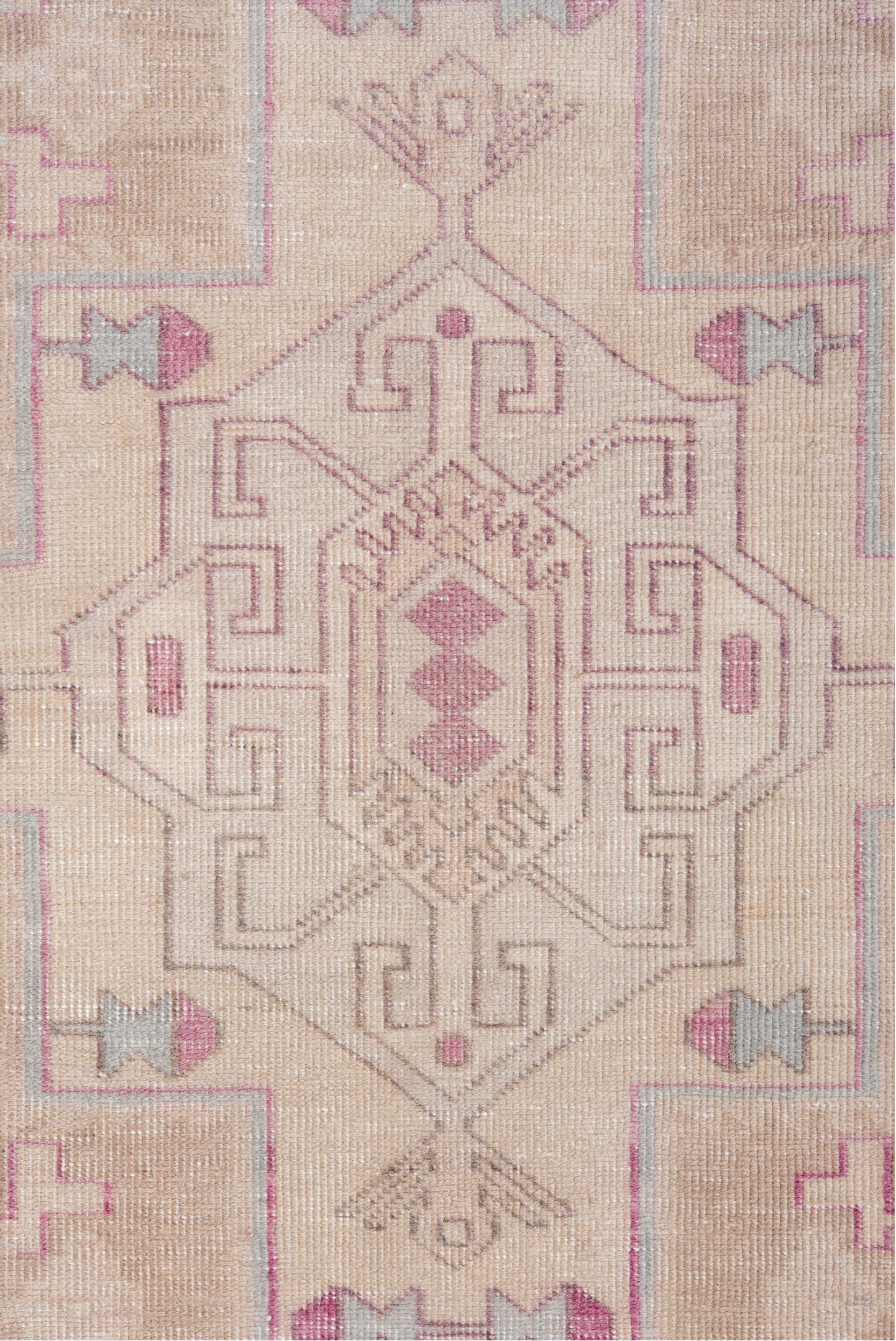 3' x 10' one-of-a-kind handmade vintage  runner rug. Color palette: gray, light gray, linen, off-white, pink, snow, white