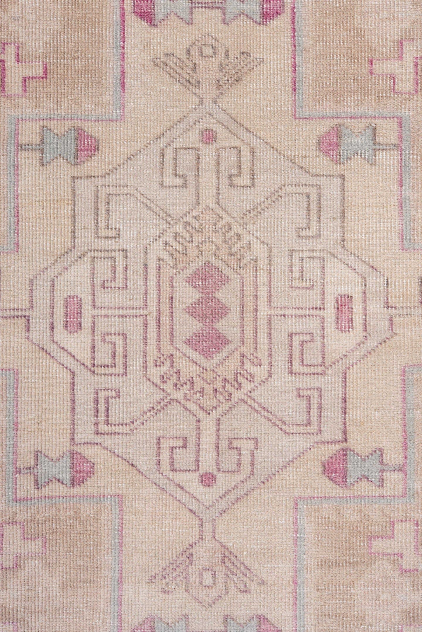 3' x 10' one-of-a-kind handmade antique  runner rug. Color palette: ivory, blush, rose, taupe, lavender, pink, red, beige