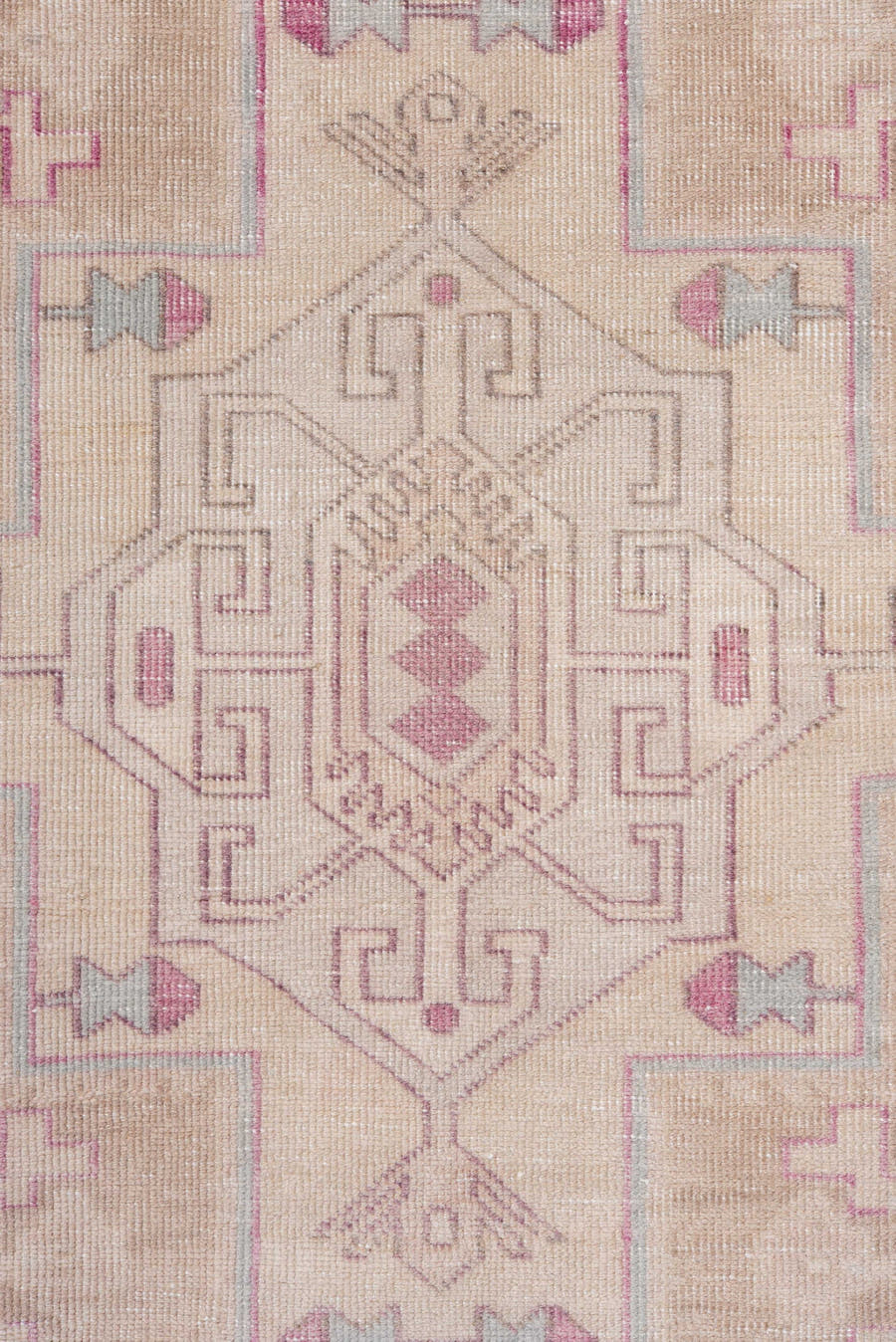 3' x 10' one-of-a-kind handmade antique  runner rug. Color palette: ivory, blush, rose, taupe, lavender, pink, red, beige