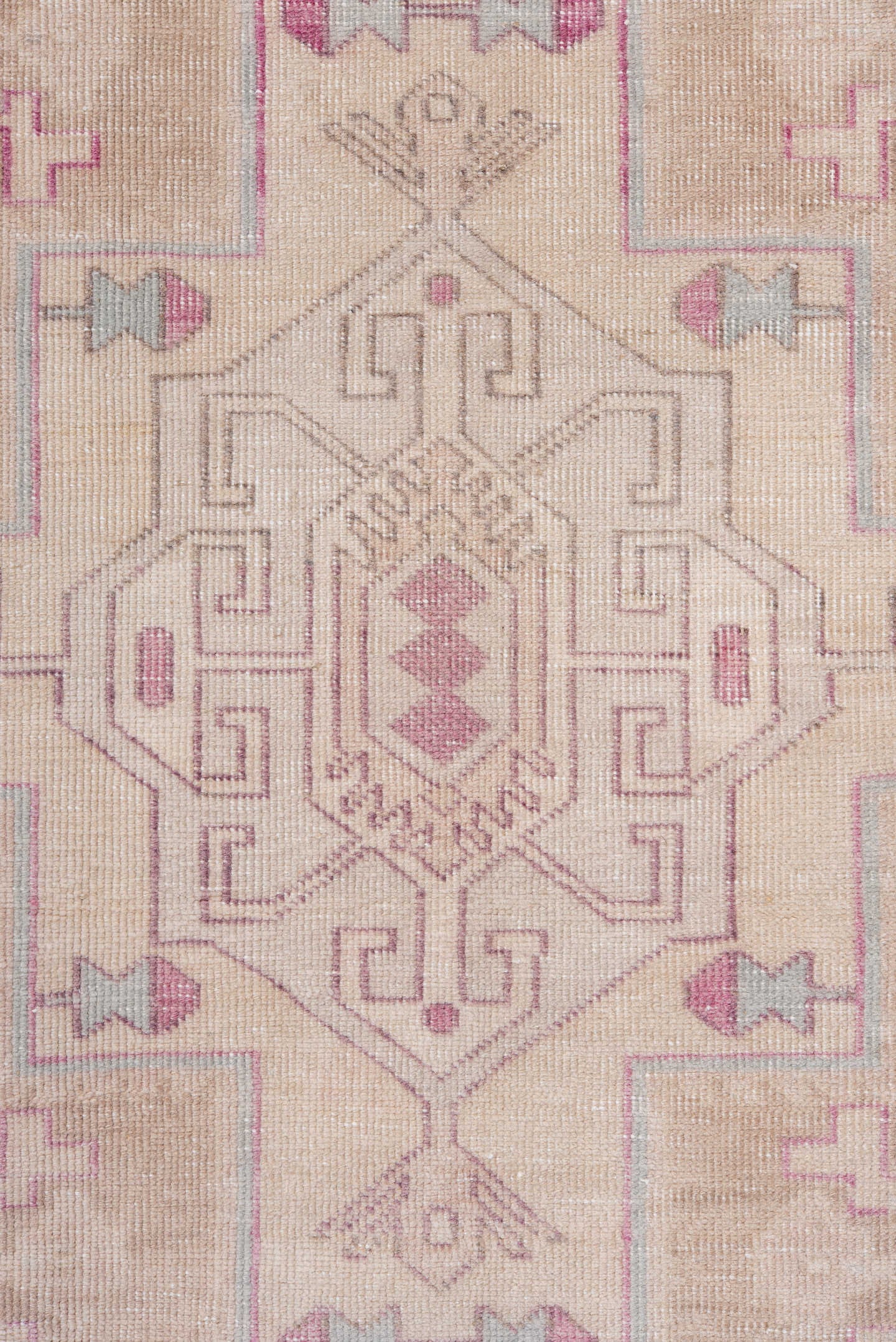 3' x 10' one-of-a-kind handmade antique  runner rug. Color palette: ivory, blush, rose, taupe, lavender, pink, red, beige