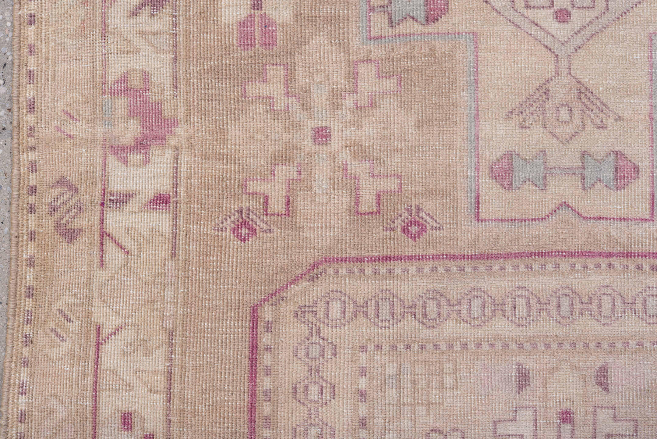 3' x 10' one-of-a-kind handmade vintage  runner rug. Color palette: gray, light gray, linen, off-white, pink, snow, white