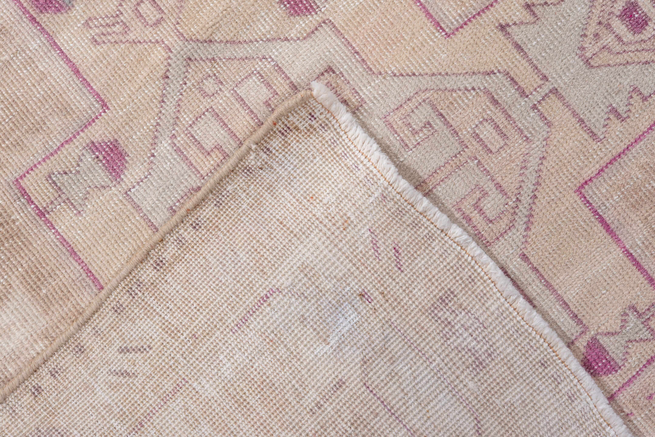 3' x 10' one-of-a-kind handmade vintage  runner rug. Color palette: gray, light gray, linen, off-white, pink, snow, white