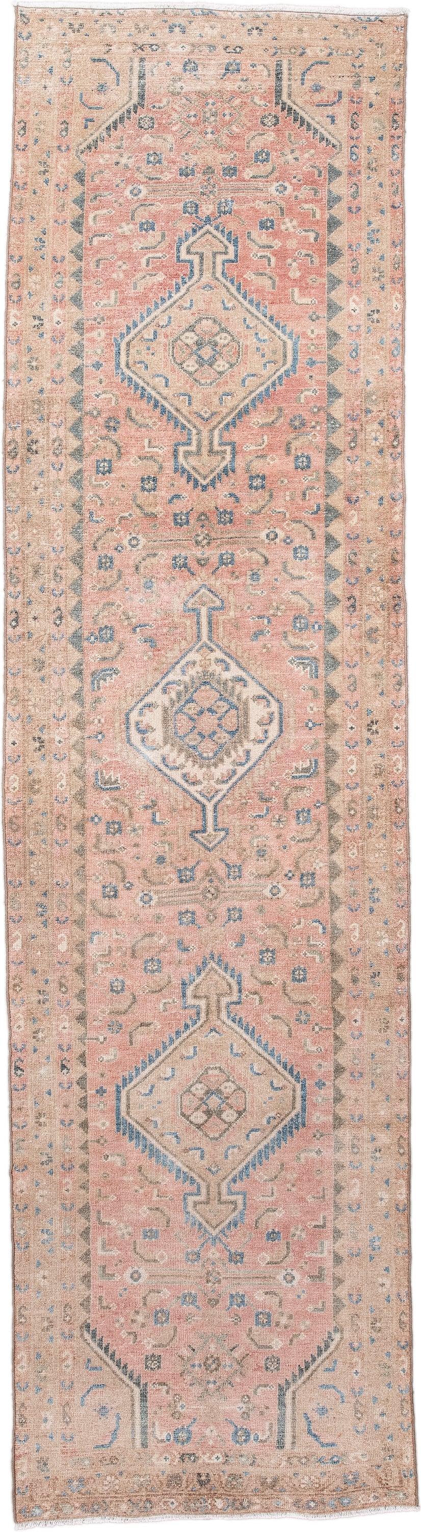 2' x 9' one-of-a-kind handmade antique Hamadan runner rug. Color palette: blush, ivory, sky_blue, taupe, slate, camel, pink