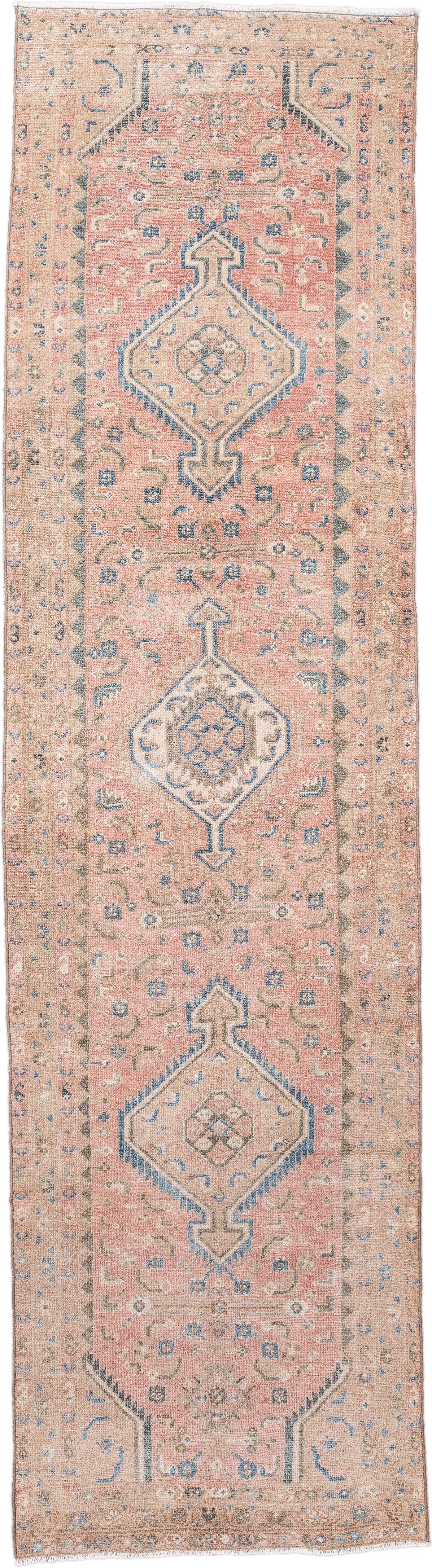 2' x 9' one-of-a-kind handmade antique Hamadan runner rug. Color palette: blush, ivory, sky_blue, taupe, slate, camel, pink