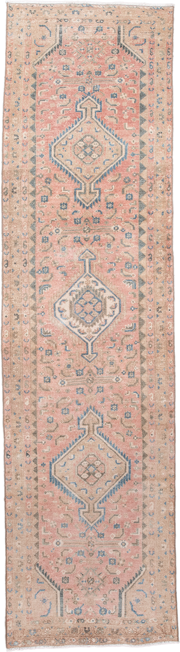 2' x 9' one-of-a-kind handmade antique Hamadan runner rug. Color palette: blush, ivory, sky_blue, taupe, slate, camel, pink