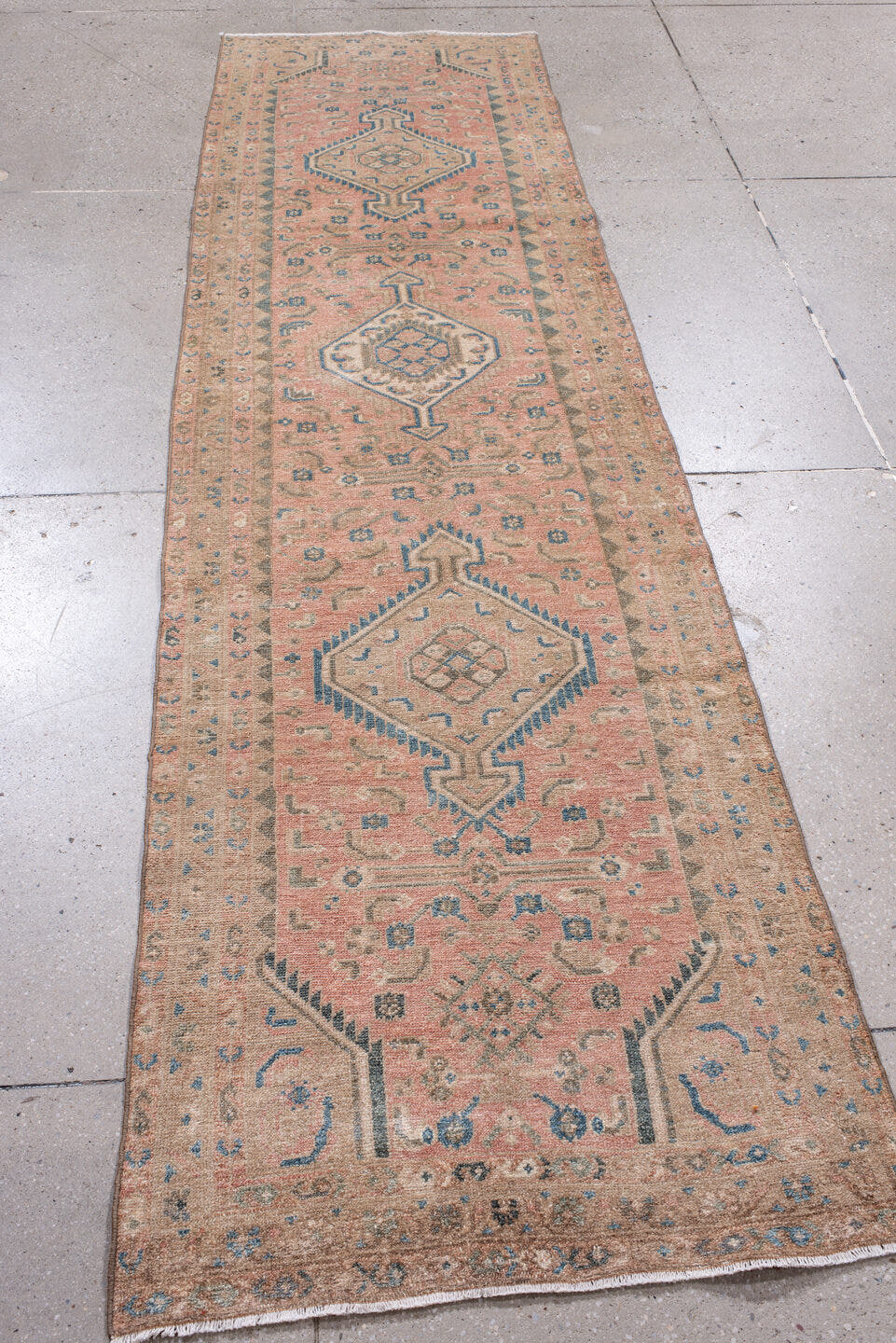 2' x 9' one-of-a-kind handmade antique Hamadan runner rug. Color palette: blush, ivory, sky_blue, taupe, slate, camel, pink