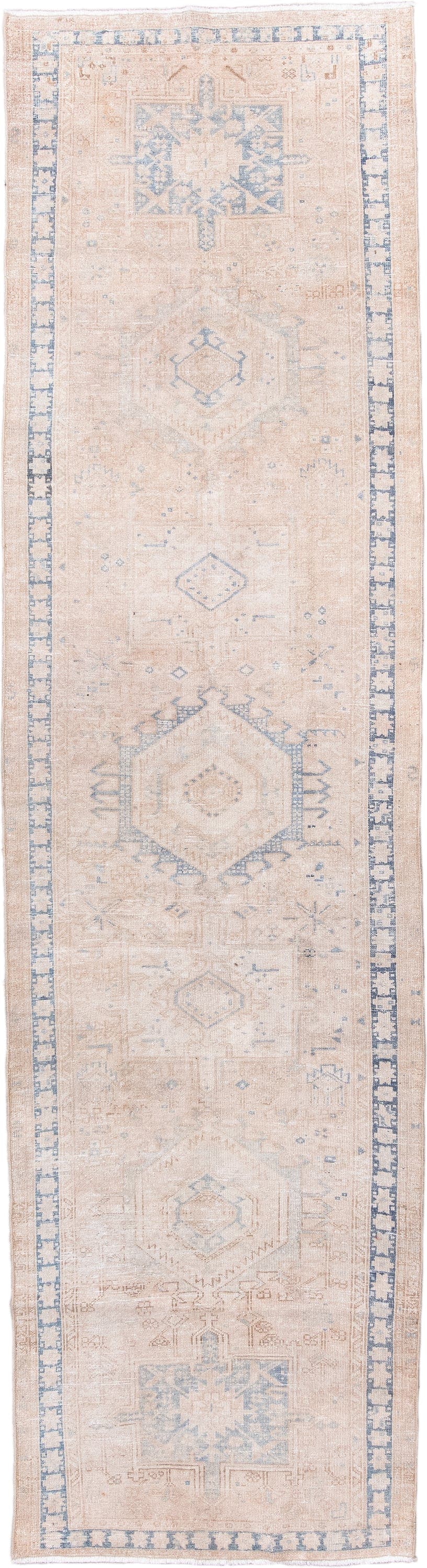 3' x 11' one-of-a-kind handmade antique Karaje runner rug. Color palette: ivory, pale blue, beige, taupe, cream, light blue