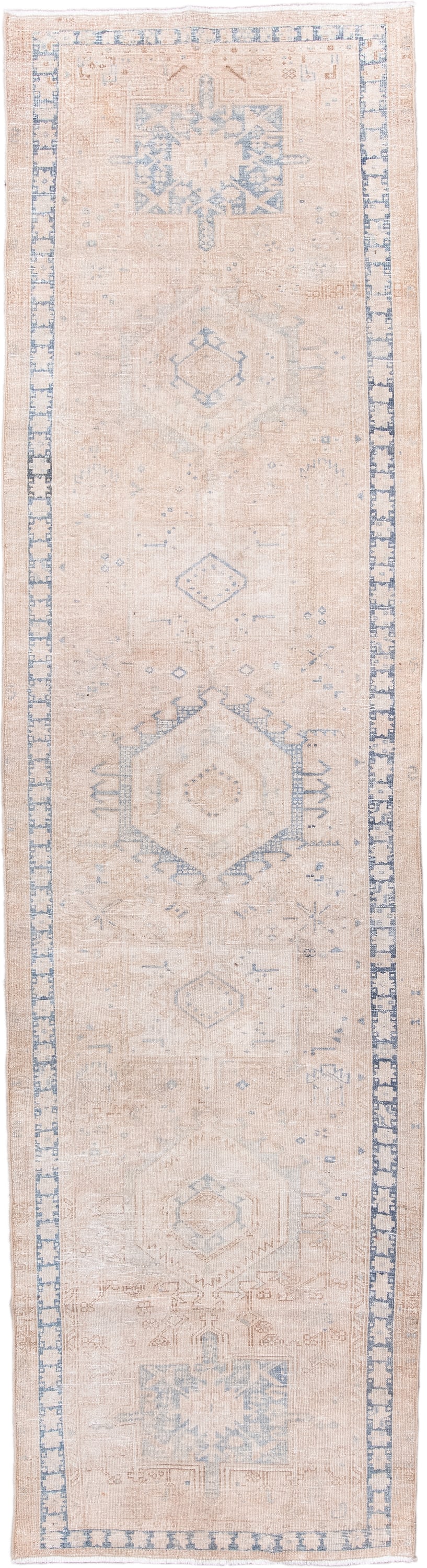 3' x 11' one-of-a-kind handmade antique Karaje runner rug. Color palette: ivory, pale blue, beige, taupe, cream, light blue