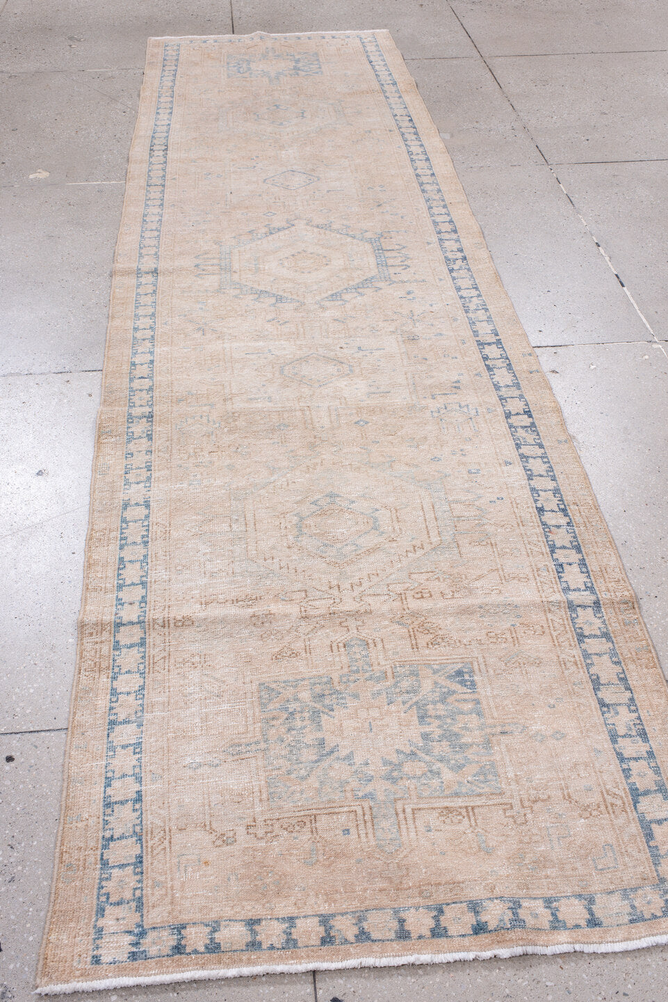 3' x 11' one-of-a-kind handmade antique Karaje runner rug. Color palette: ivory, pale blue, beige, taupe, cream, light blue