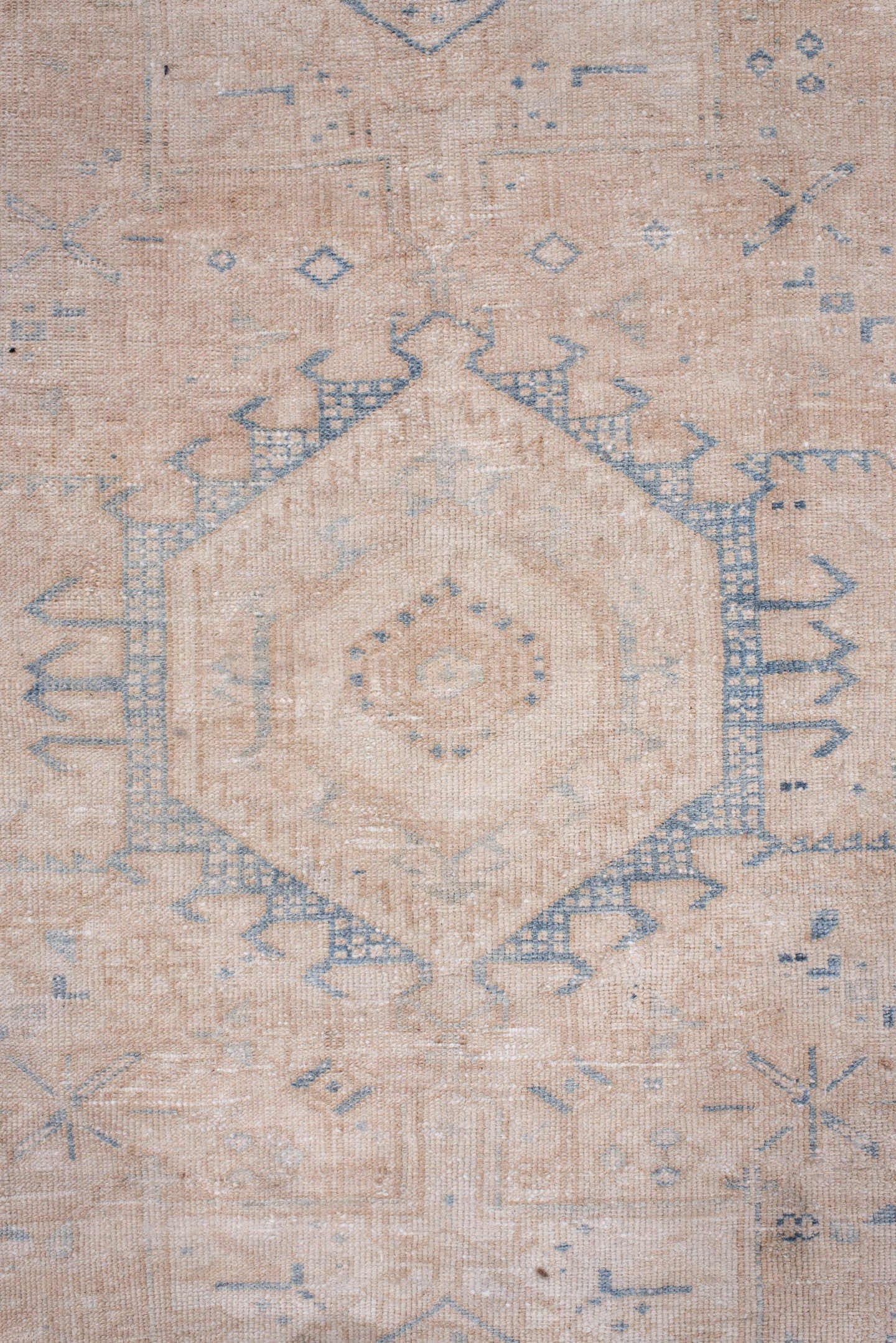 3' x 11' one-of-a-kind handmade antique Karaje runner rug. Color palette: ivory, pale blue, beige, taupe, cream, light blue