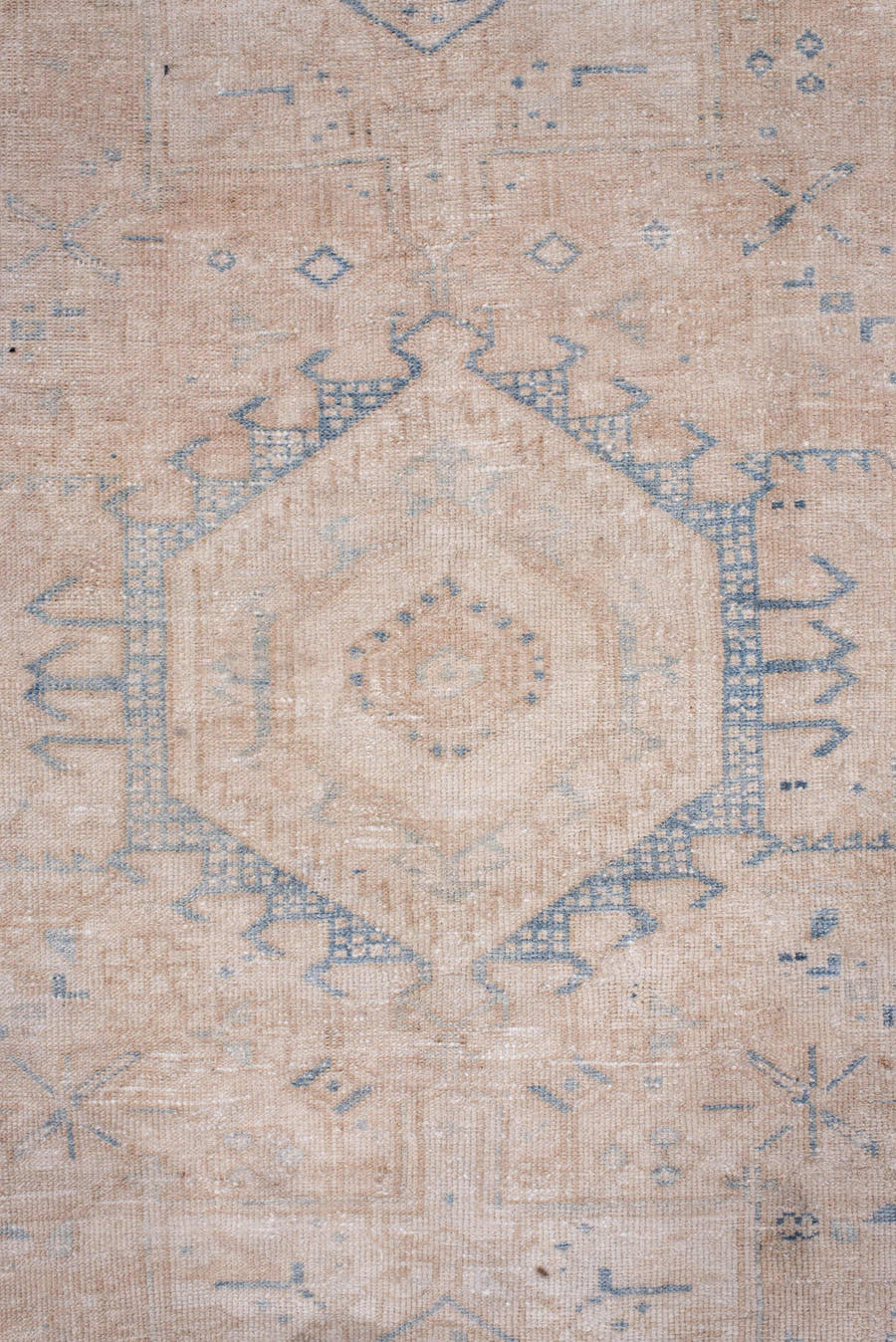 3' x 11' one-of-a-kind handmade antique Karaje runner rug. Color palette: ivory, pale blue, beige, taupe, cream, light blue