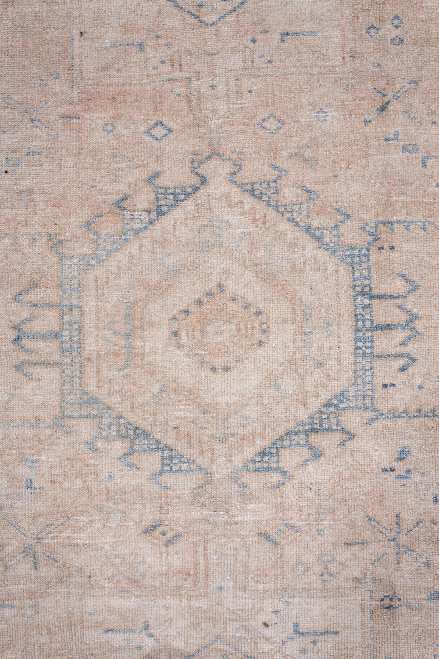 3' x 11' one-of-a-kind handmade antique Karaje runner rug. Color palette: ivory, pale blue, beige, taupe, cream, light blue