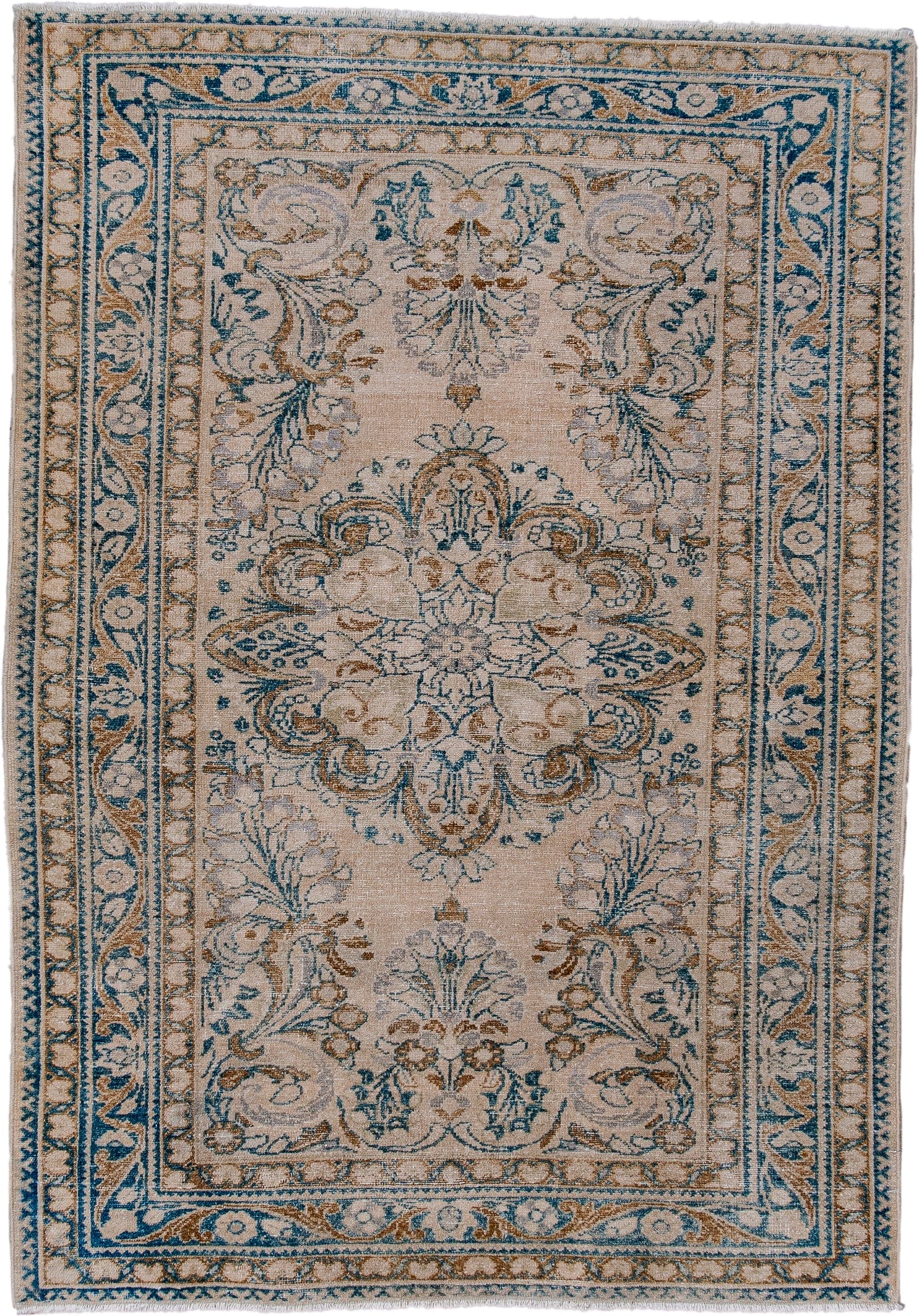 3' x 5' one-of-a-kind handmade antique Lilian small size rug. Color palette: ivory, sky blue, camel, taupe, beige